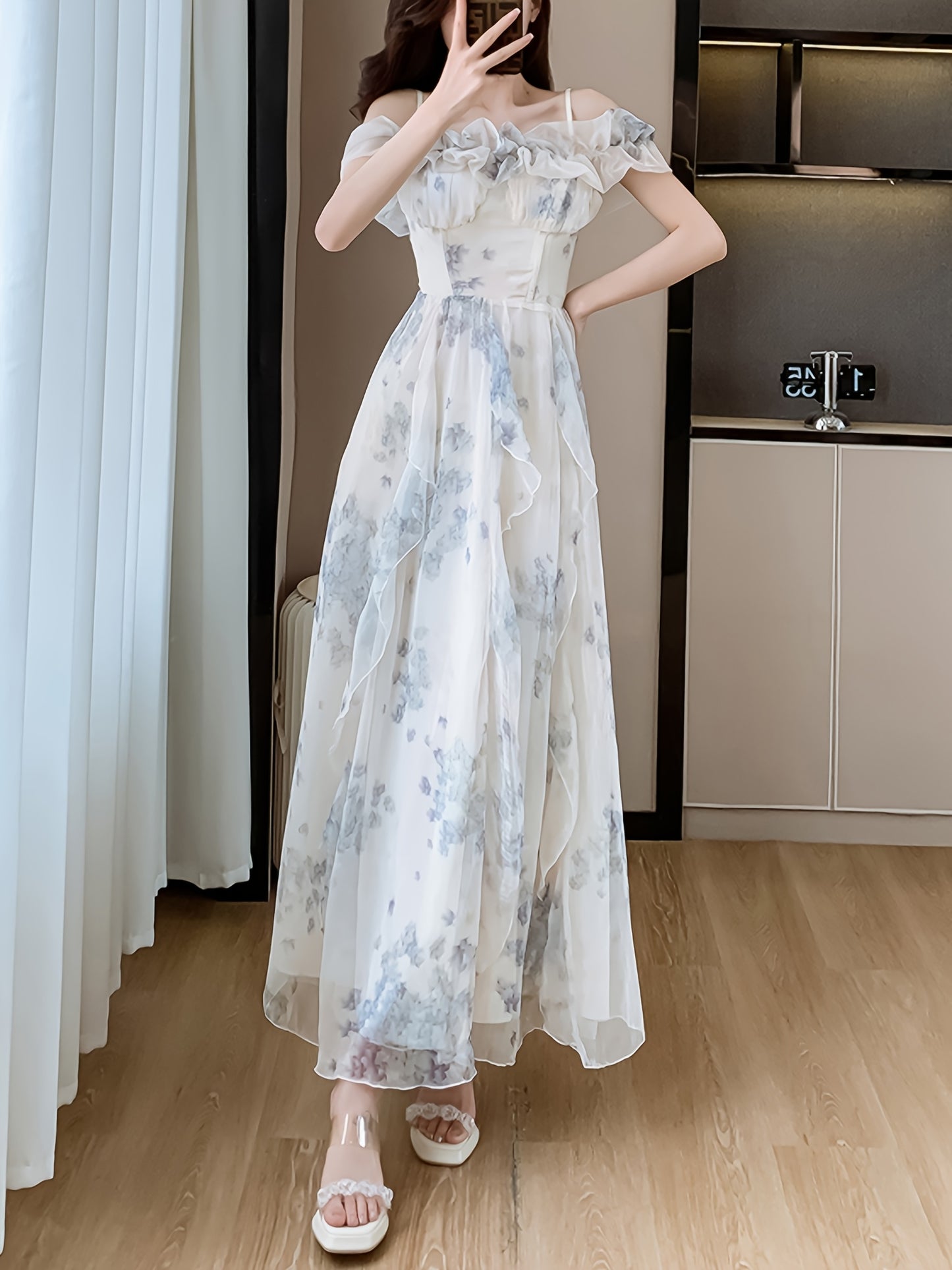 Blue-toned Upgraded Version Off-Shoulder Beach Dress with Ruffle Detail, Floral Print, and Flowy Design for Summer Vacation - Elegant Long A-Line Gown with Cinched Waist, Perfect for Adult Women, Beach Dresses