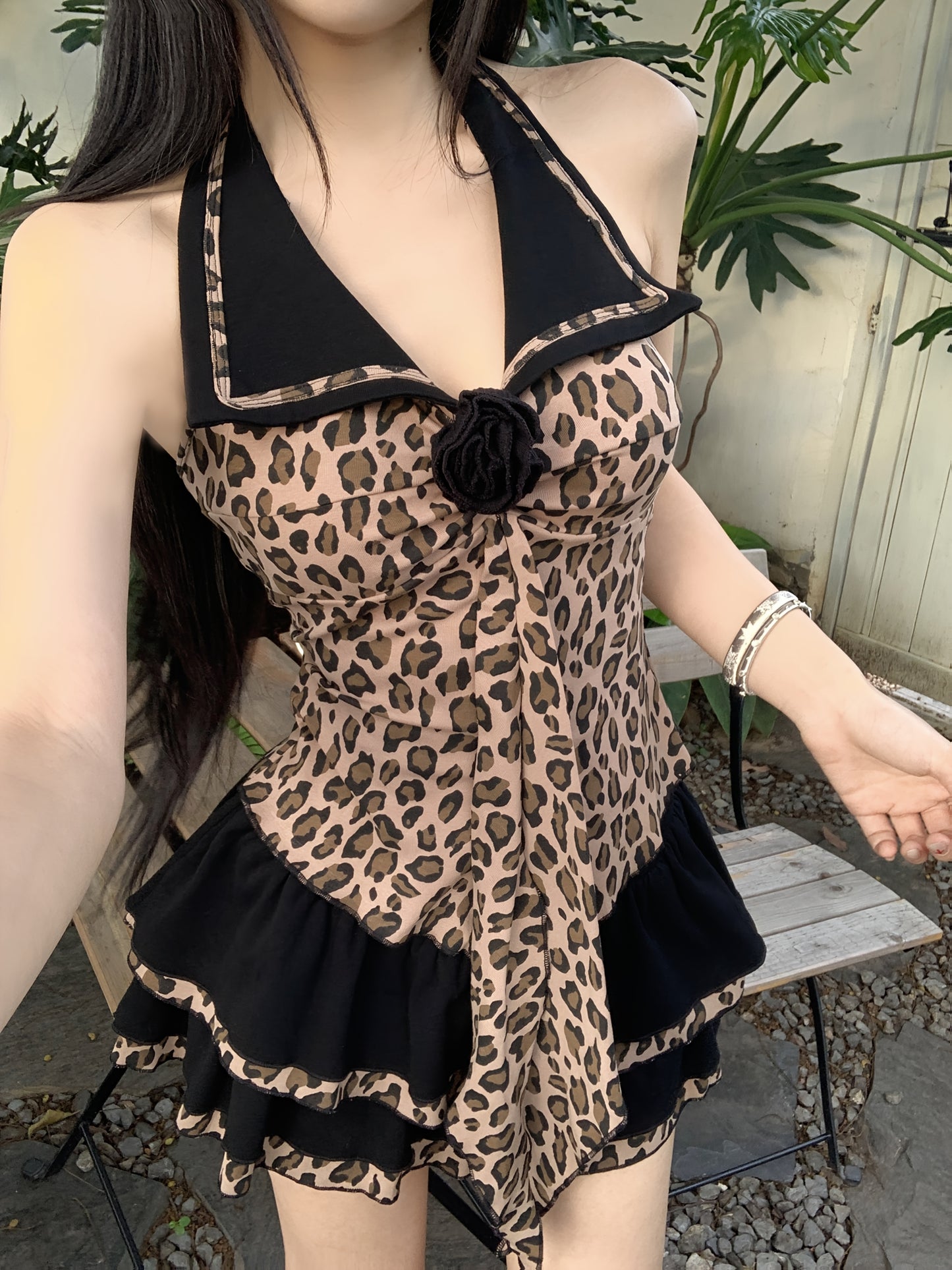 Sexy Leopard Print Pure Desire Halter Top Half Skirt Set for Women, Summer Outfit