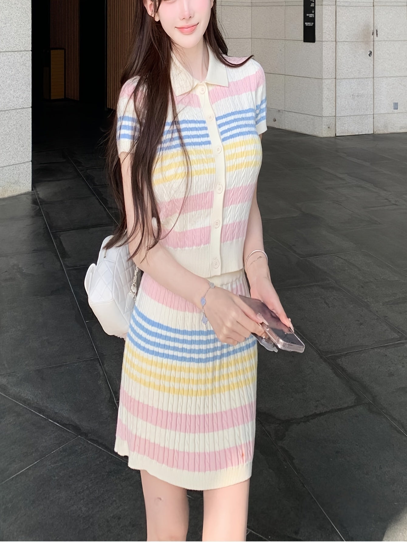 Sweet Fashion Color Striped Set, Short Sleeve Midi Skirt Two-Piece with Collar Design, Summer Women's