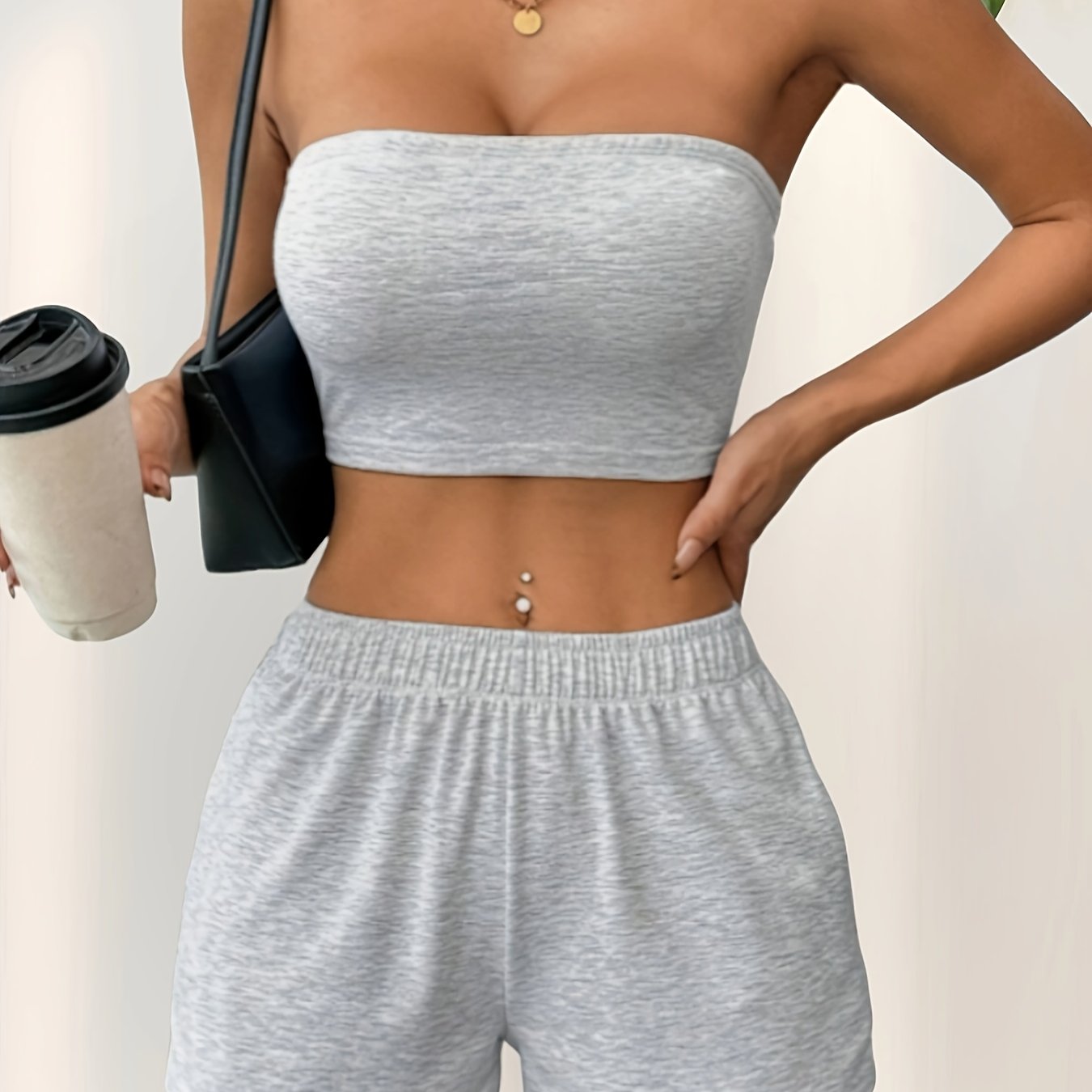 Women'S Solid Color Casual Two-Piece Summer Daily Strapless Crop Top and Shorts Set, Perfect for Outdoor