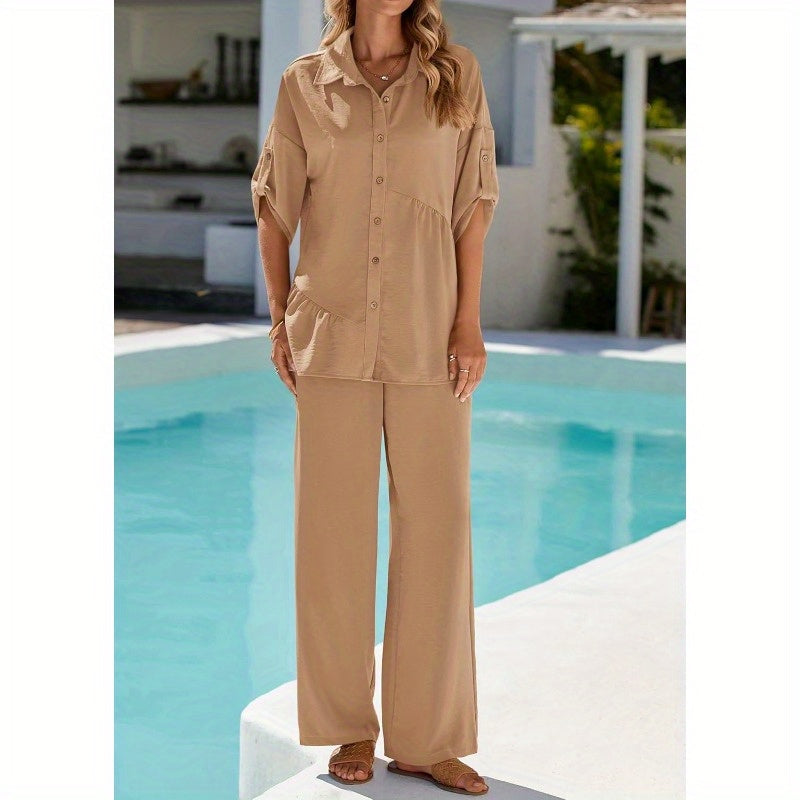 KIRUNDO Two Piece Sets for Women Summer Outfits 2025 Dressy Casual Half Sleeve Button Down Shirt Wide Leg Pants Lounge Set