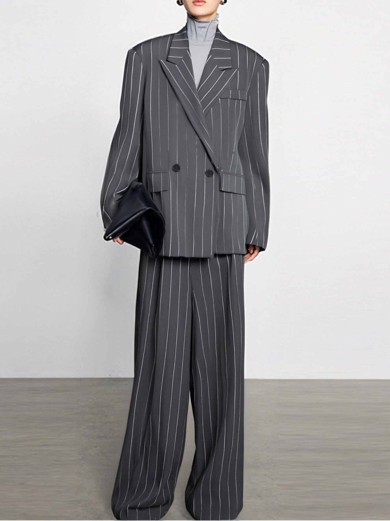 Spring-Summer New Women'S Suit Set with a Turned- Collar And Thin Stripes, Featuring a Double-Breasted Design for The Blazer And Wide-Leg Pants. It exudes a Professional And Elegant Look, Perfect for Office Commute, Business Events, And Formal Gatherings.