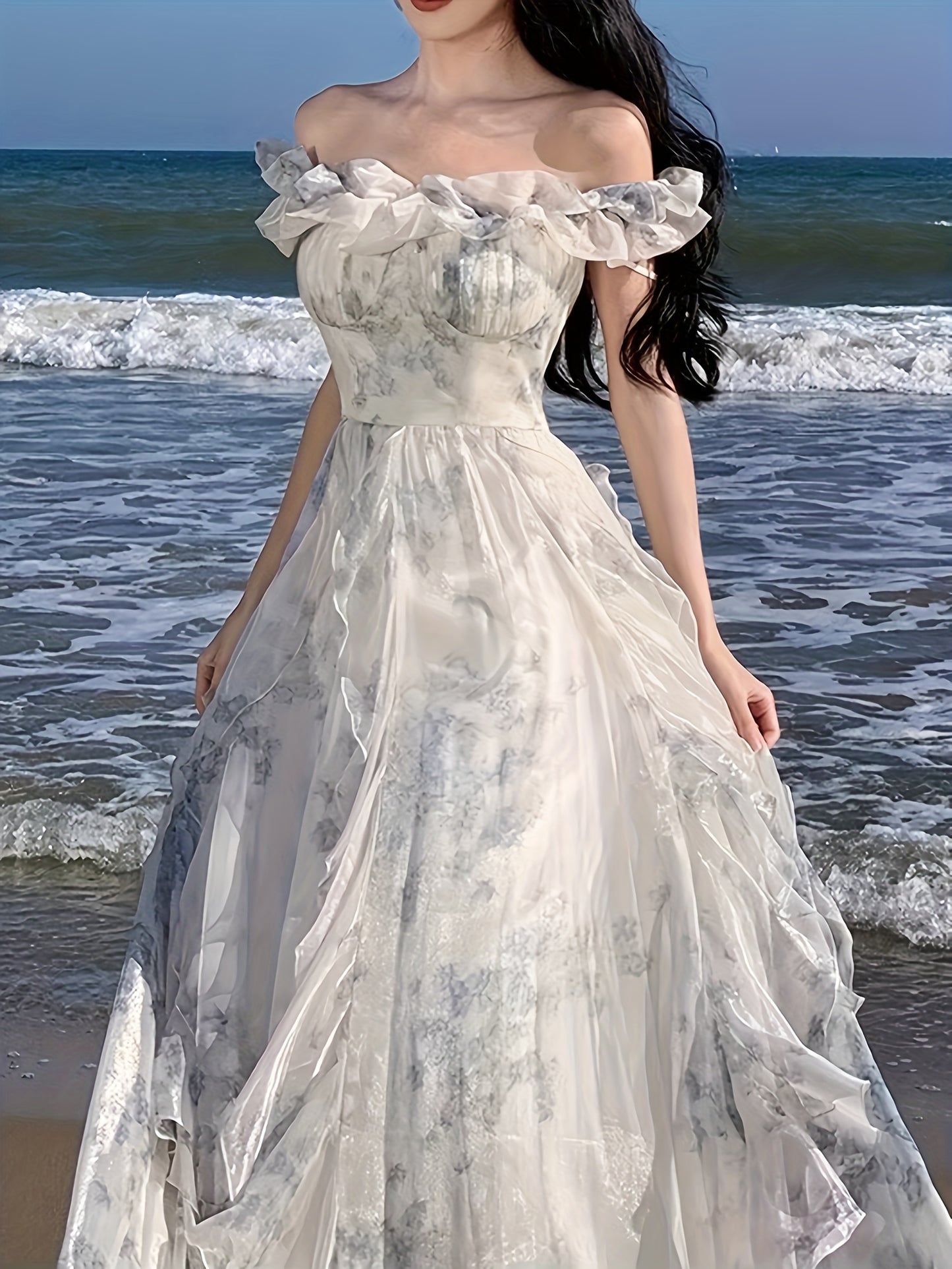 Blue-toned Upgraded Version Off-Shoulder Beach Dress with Ruffle Detail, Floral Print, and Flowy Design for Summer Vacation - Elegant Long A-Line Gown with Cinched Waist, Perfect for Adult Women, Beach Dresses