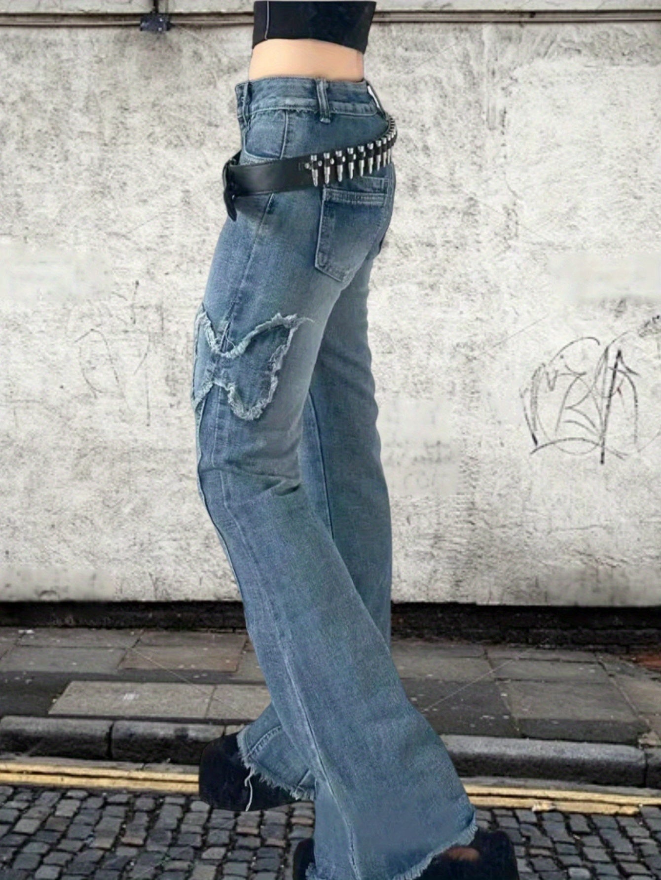 New American retro butterfly embroidered micro-flared jeans Spice high waist fashion versatile elastic slim slim long pants, machine washable