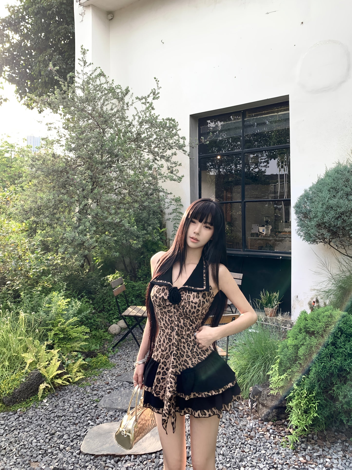 Sexy Leopard Print Pure Desire Halter Top Half Skirt Set for Women, Summer Outfit