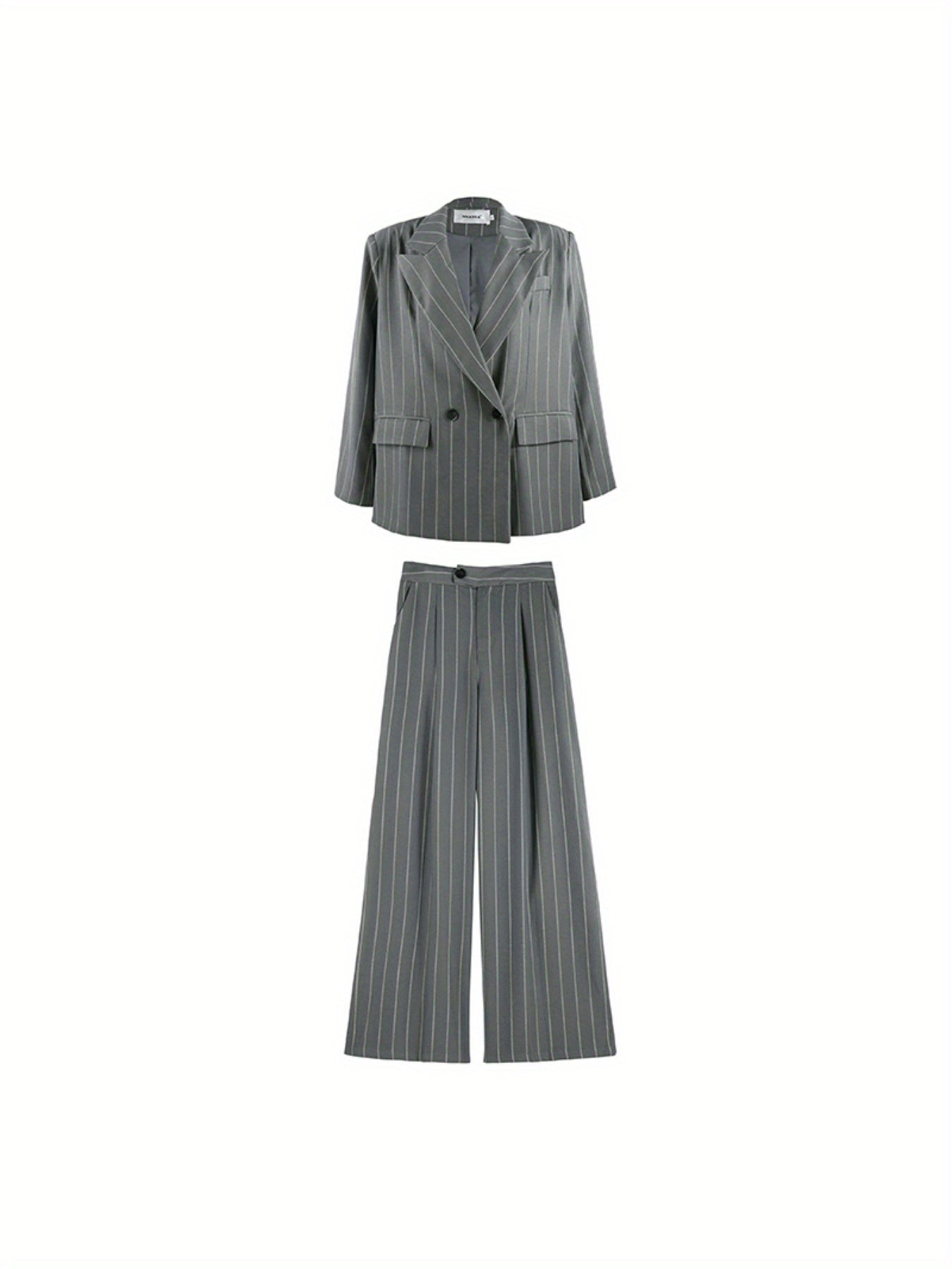 Spring-Summer New Women'S Suit Set with a Turned- Collar And Thin Stripes, Featuring a Double-Breasted Design for The Blazer And Wide-Leg Pants. It exudes a Professional And Elegant Look, Perfect for Office Commute, Business Events, And Formal Gatherings.