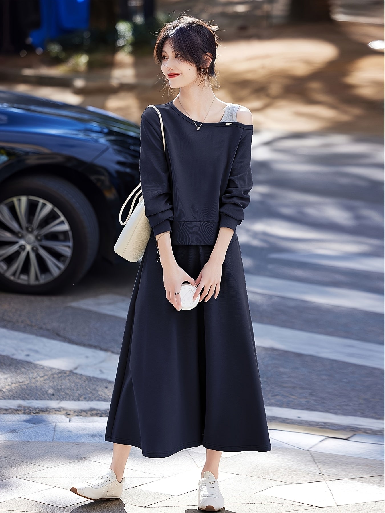 Chic Off-Shoulder Ribbed Top & Pleated Midi Skirt Set - Casual Two-Piece, Loose Fit, Long Sleeve, Solid Color, Spring\u002FFall Women'S Outfit, Casual Attire|Asymmetrical Neckline| Construction, Off Shoulder Top