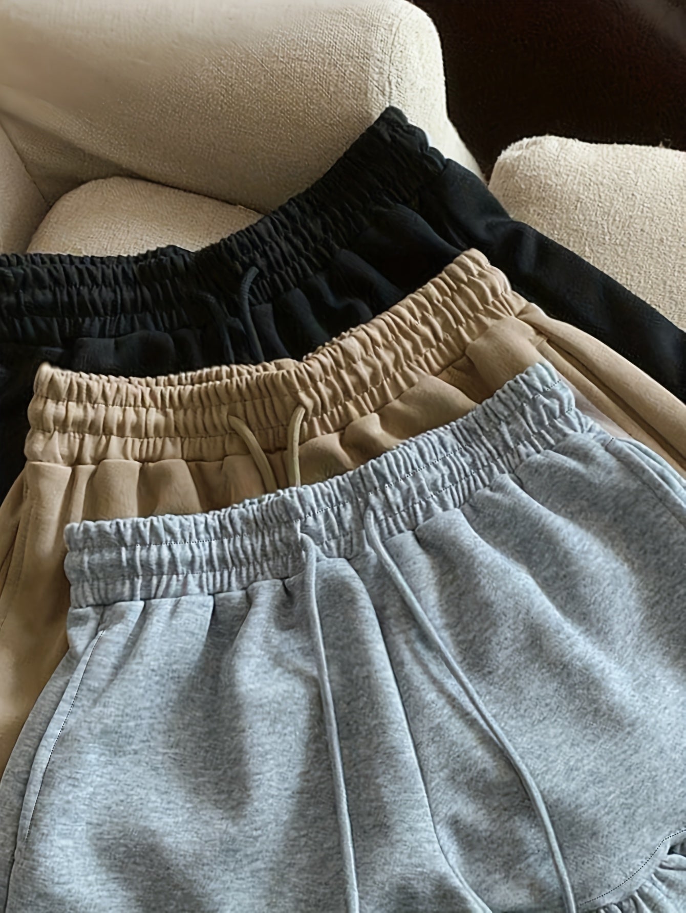 Casual Shorts Set 3pcs Women's Casual Shorts Set - Comfortable Elastic Waistband, Ruffled Hem & Drawstring Waist, Solid Color, All-Season Wear