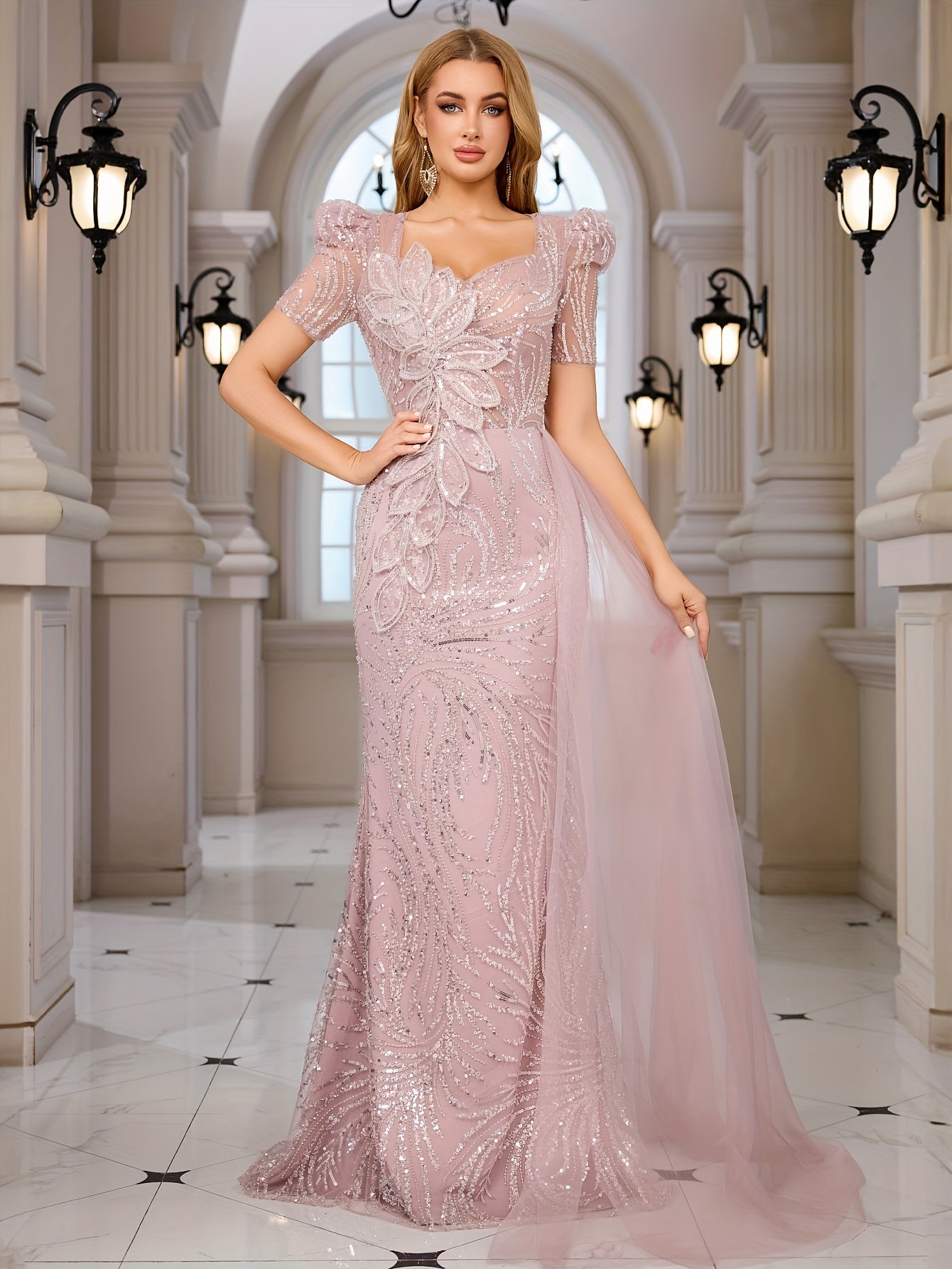 Pink Sequin Gown Sequin Elegant Pink Mermaid Evening Gown | 3D Floral Embellishments and Puff Sleeves - Bodycon Long Formal Dress for Women, Perfect for Parties and Special Occasions, Formal Event Attire