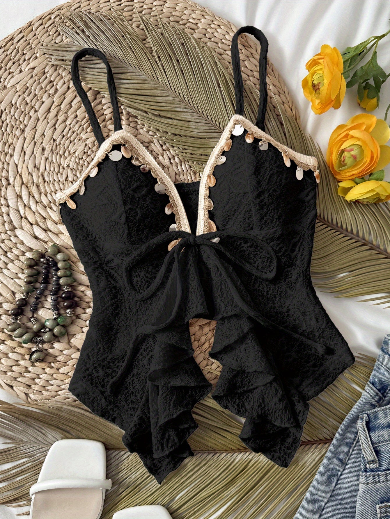 Lightweight Lace Tank Top Lightweight Stretchy Women's Adjustable Strap Off-Shoulder\u002FBoat Neck Lace Trim Tank Top | Polyester\u002FElastane Blend, Semi-Sheer Summer Casual Vacation Beachwear, Machine Washable