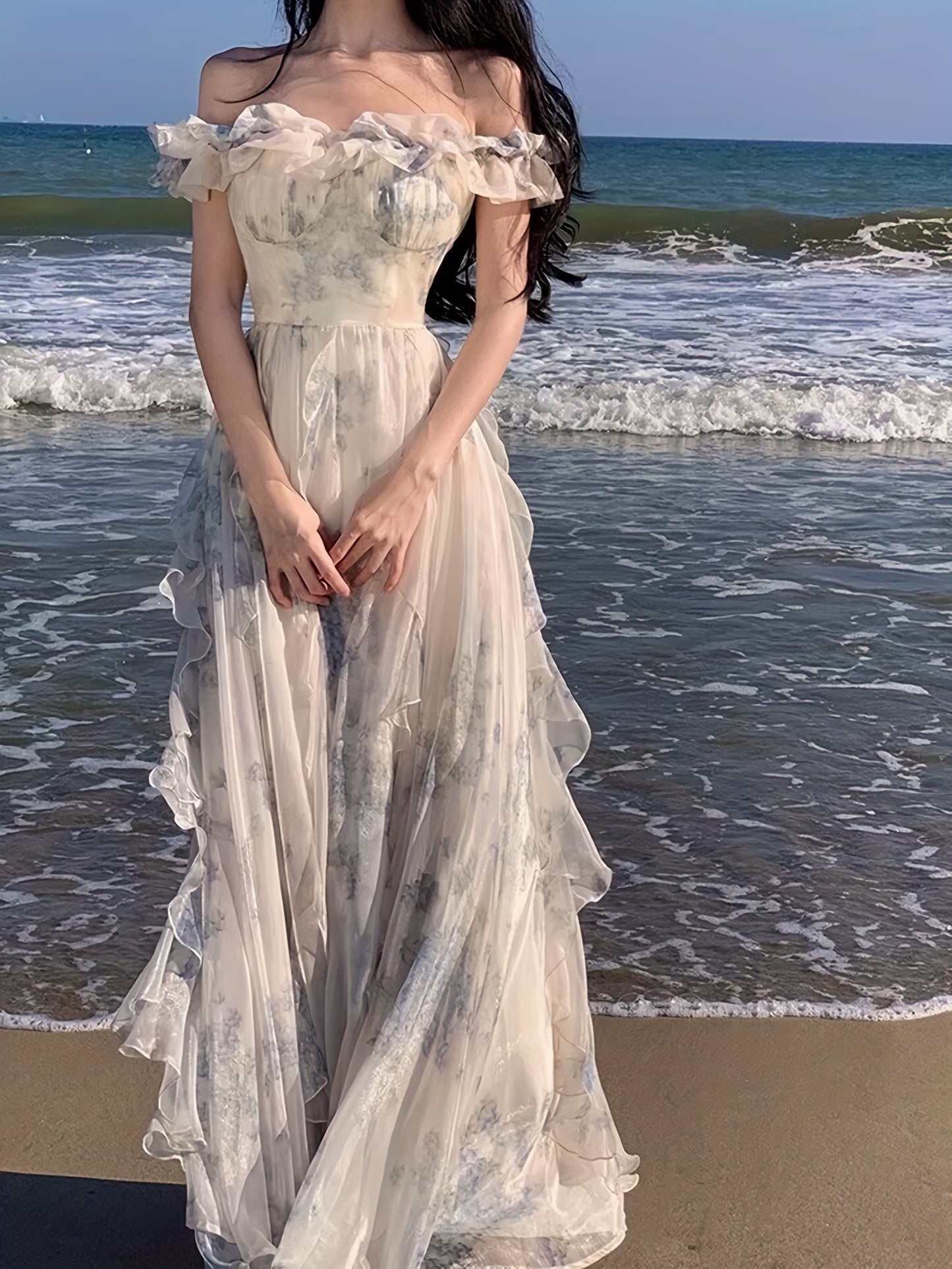 Blue-toned Upgraded Version Off-Shoulder Beach Dress with Ruffle Detail, Floral Print, and Flowy Design for Summer Vacation - Elegant Long A-Line Gown with Cinched Waist, Perfect for Adult Women, Beach Dresses