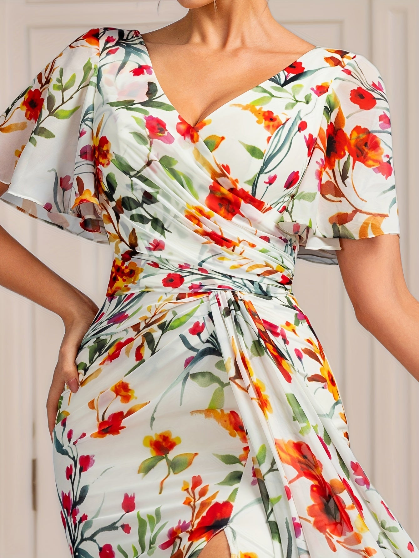 Elegant Floral Print V-Neck Women's Evening Gown with High-Slit Thigh, Ruched Waist & Flowing Tail - Perfect for Parties, Banquets, and Formal Events, Formal Evening Gown, Banquet Attire, Fitted Silhouette, Nontransparent Fabric