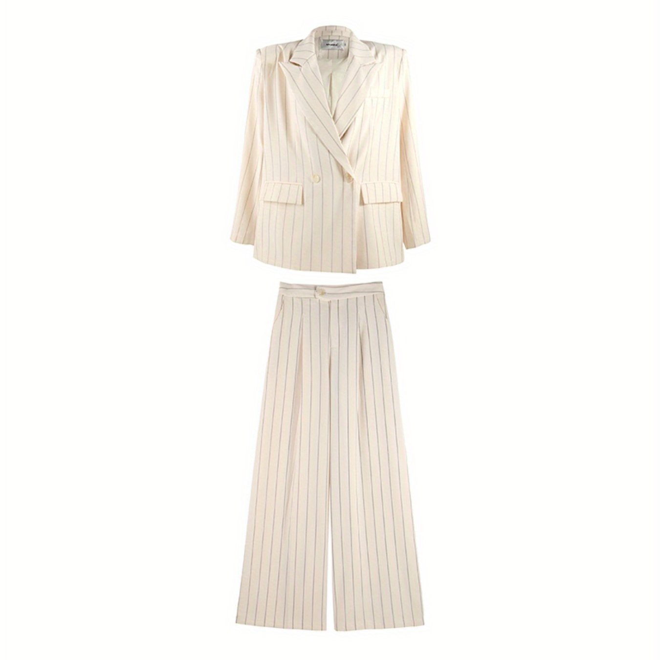 Spring-Summer New Women'S Suit Set with a Turned- Collar And Thin Stripes, Featuring a Double-Breasted Design for The Blazer And Wide-Leg Pants. It exudes a Professional And Elegant Look, Perfect for Office Commute, Business Events, And Formal Gatherings.