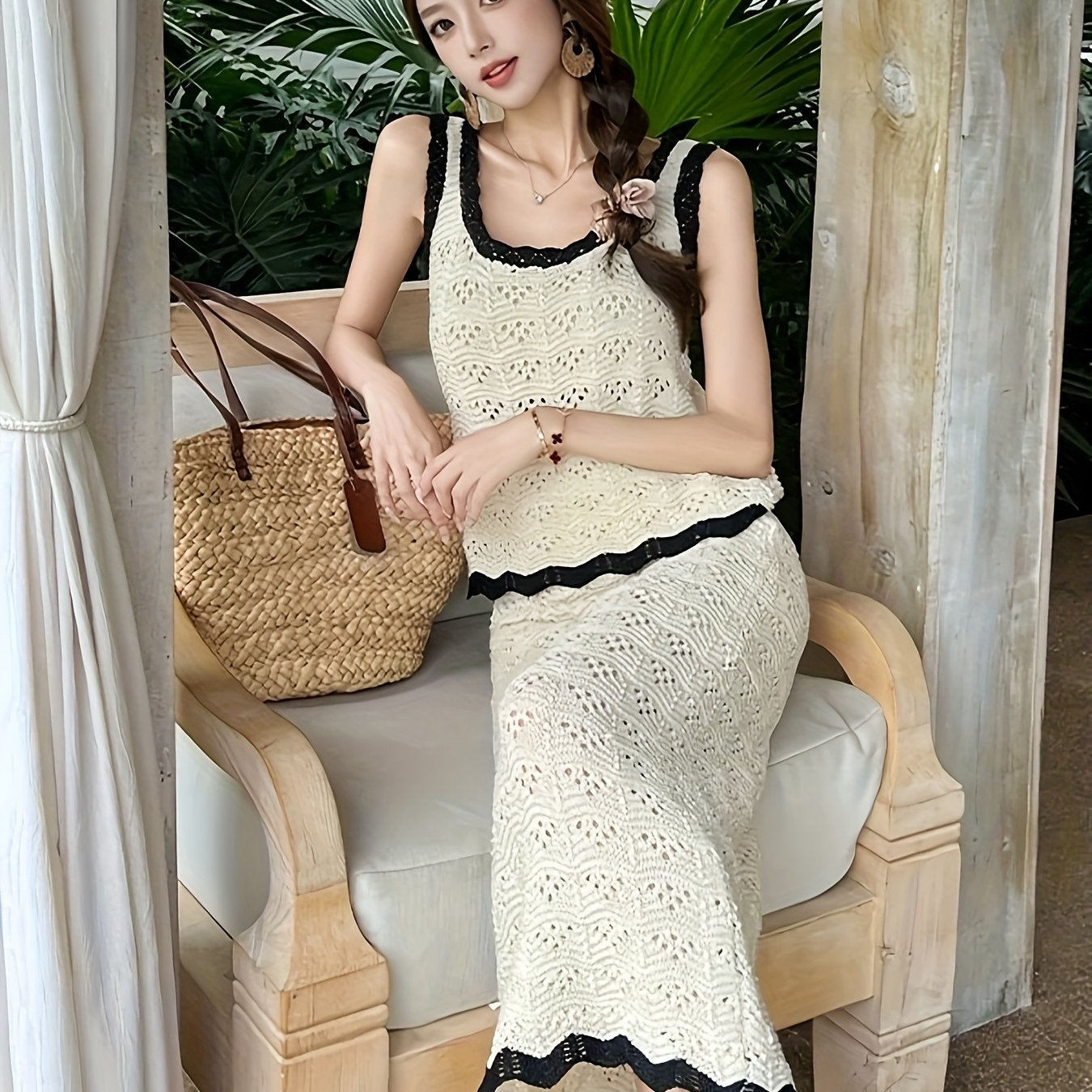 Summer New Vacation Gentle Style Hollow U-Neck Contrast Strap + Design Sensual Crochet High Waist Long Skirt Half-Body Skirt - Beautiful Temperament Set