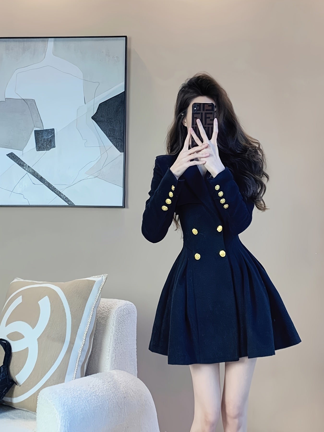 Elegant French-Inspired Navy Blue A-Line Dress for Women - Chic Waist-Cinching, Button-Up Blazer with Lapel Collar, Perfect for Spring\u002FFall, Office or Casual Wear, Office Attire | Frenchinspired Design | Tailored Fit
