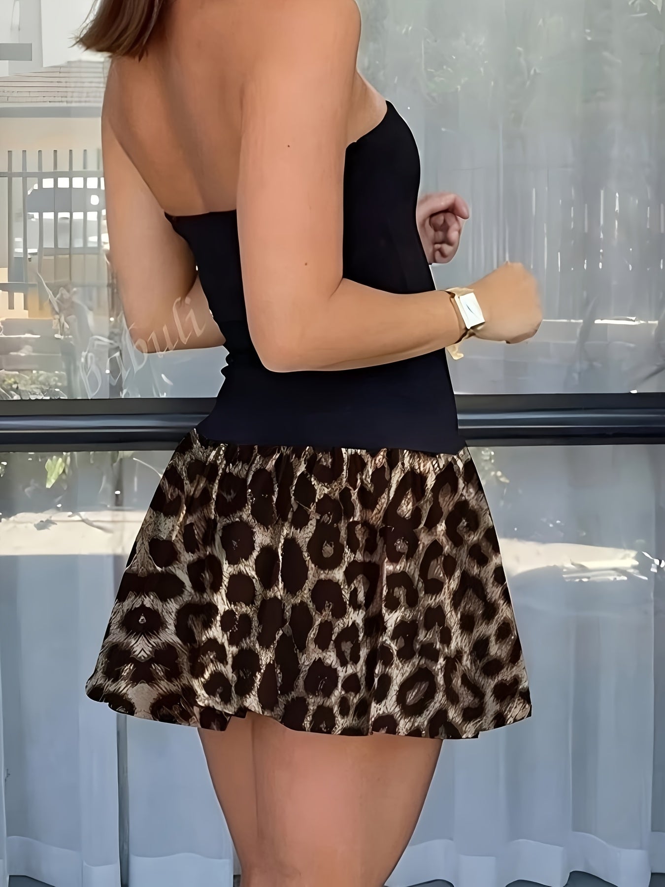 Women's Sleeveless Leopard Print & Black Contrast Color Block Dress - Fitted Top & Flared Skirt, Off-Shoulder\u002FOne-Shoulder Casual Chic Machine Washable All-Season Outfit, Versatile Fashion, Formal Vs Casual Wear
