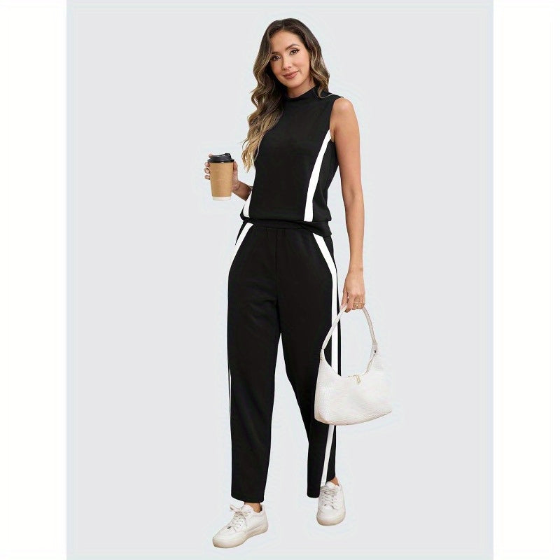 Aokivvy Women'S Summer Two-Piece Sets, Featuring Lounge Outfits with Mock Neck And Wide Leg Pants in Striped Casual Tracksuit Style