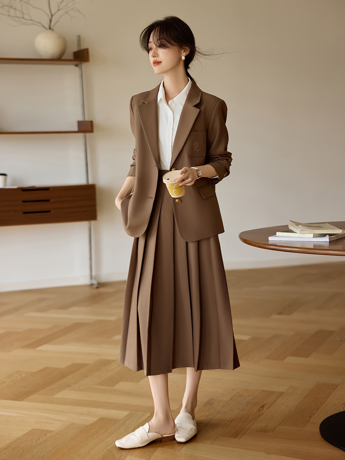 MOHOMO One-Piece Dress Set Spring\u002FAutumn New College Style Jacket Pleated Long Skirt Two-Piece Set for Festive, Vacation, and Daily Commute