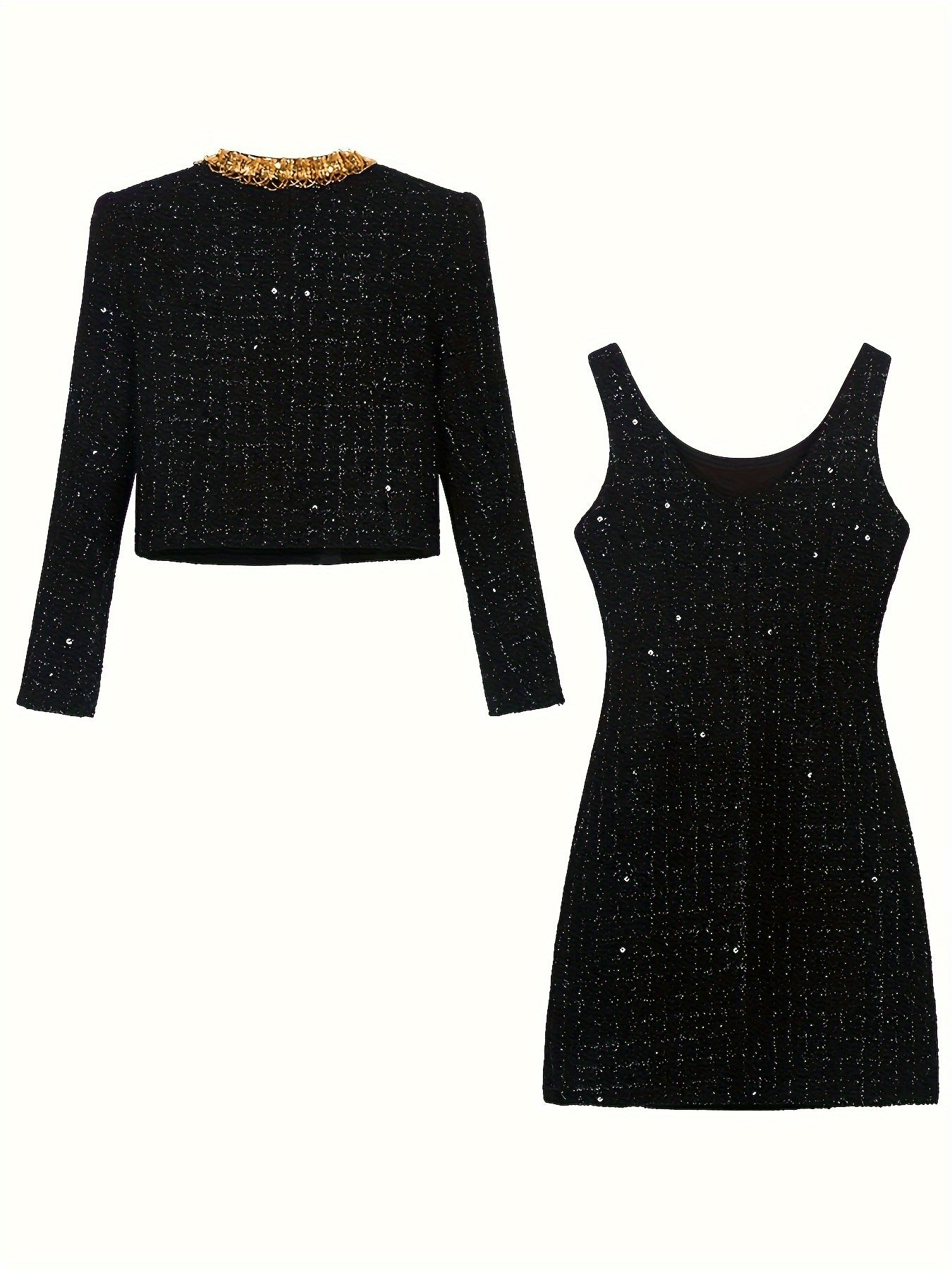Elegant Black Sequin Two-Piece Set with Golden Accents - Sleeveless Mini Dress & Cropped Jacket, Rhinestone Embellishments, Perfect for Fall\u002FWinter Parties, Winter Party Attire|Sequin Embellished|Rhinestone Details
