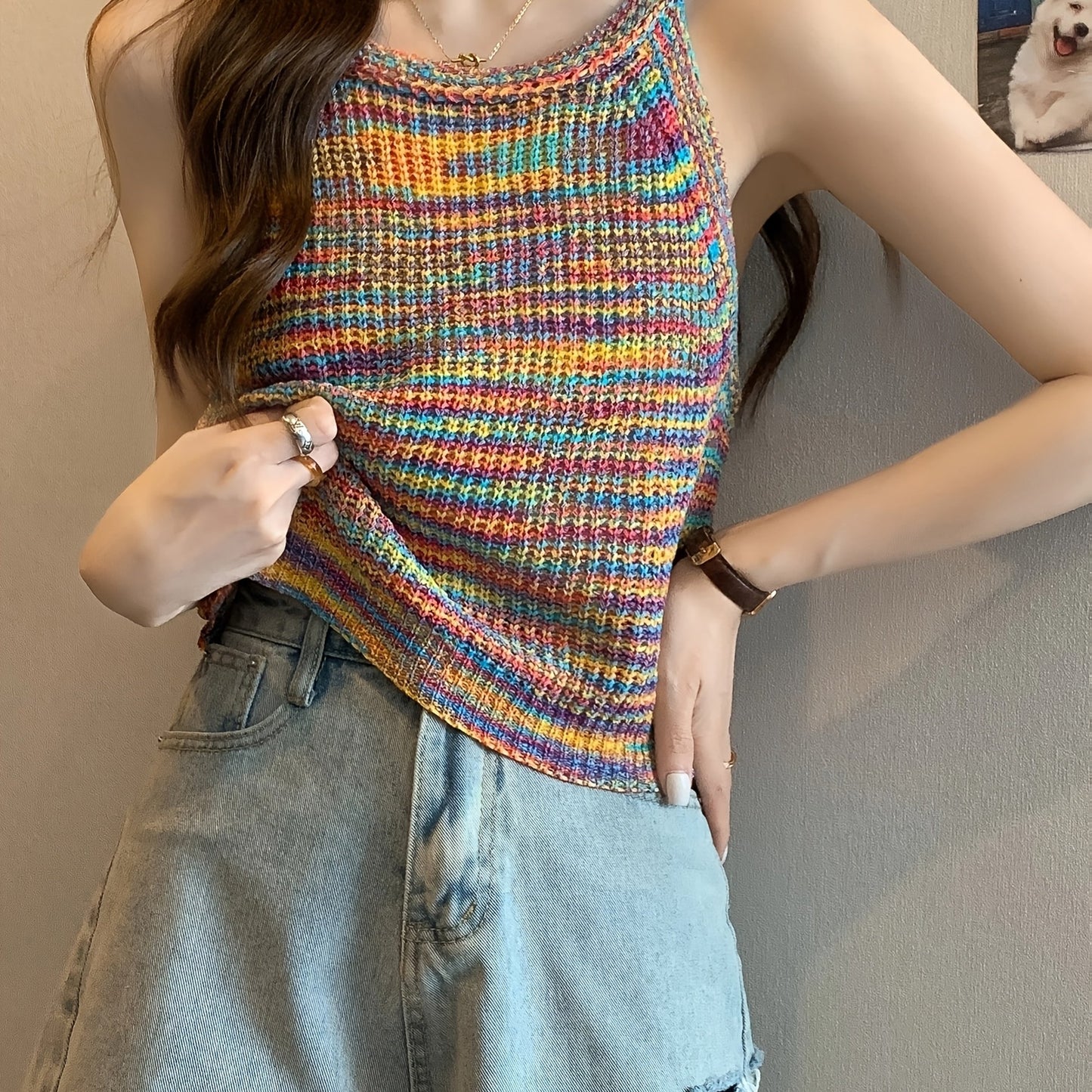 Vibrant Striped Top Vibrant Rainbow Striped Women's Halter Neck Tank Top | Colorful, Stretchy Sleeveless Knit Top for Summer, Spring & Fall, Casual Weekend Wear