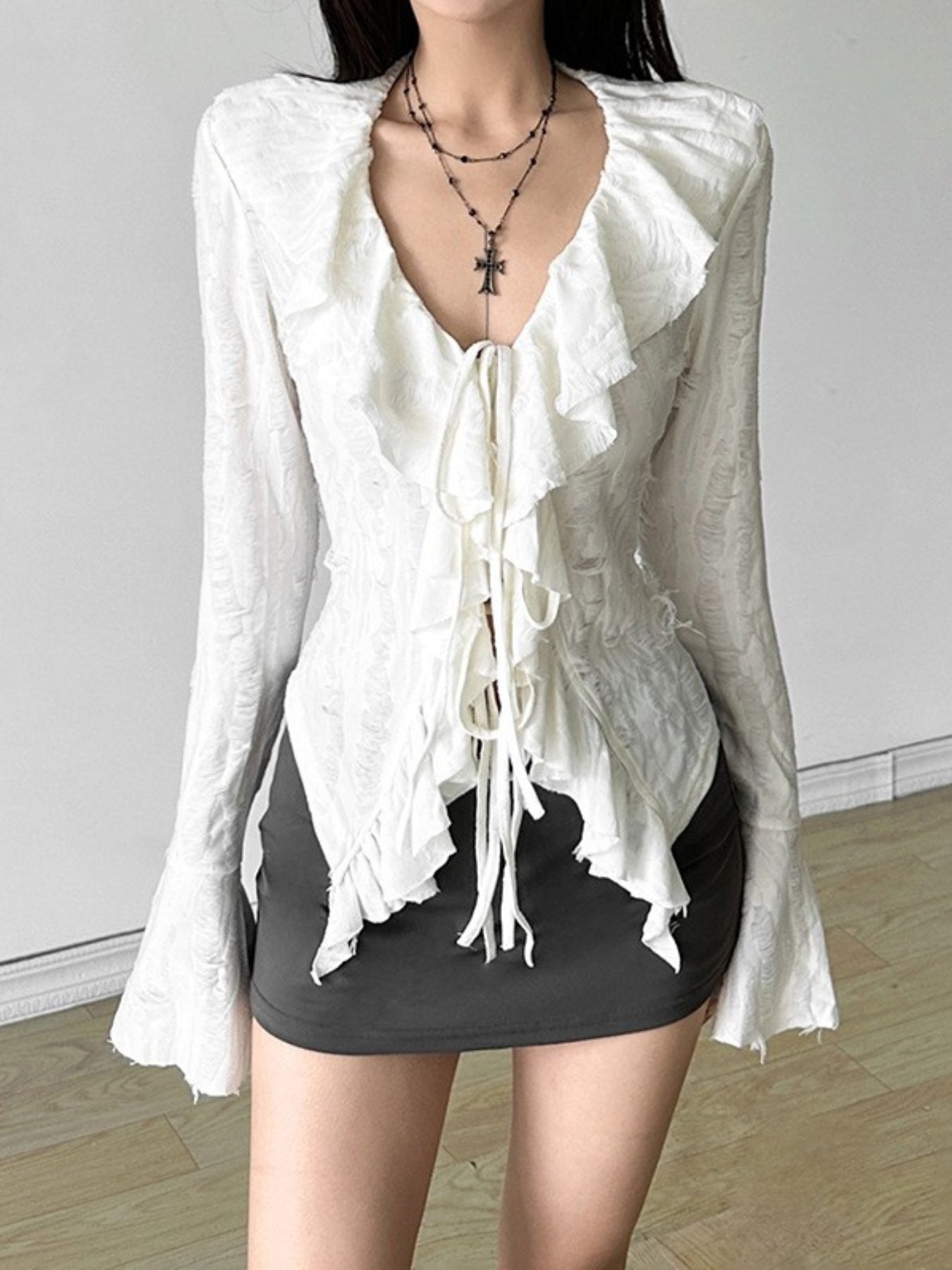 Cute Spice Slim Short T-Shirt, Women'S Solid Color Ruffled Fringe V-Neck Long Sleeve Slim Fashion T-Shirt