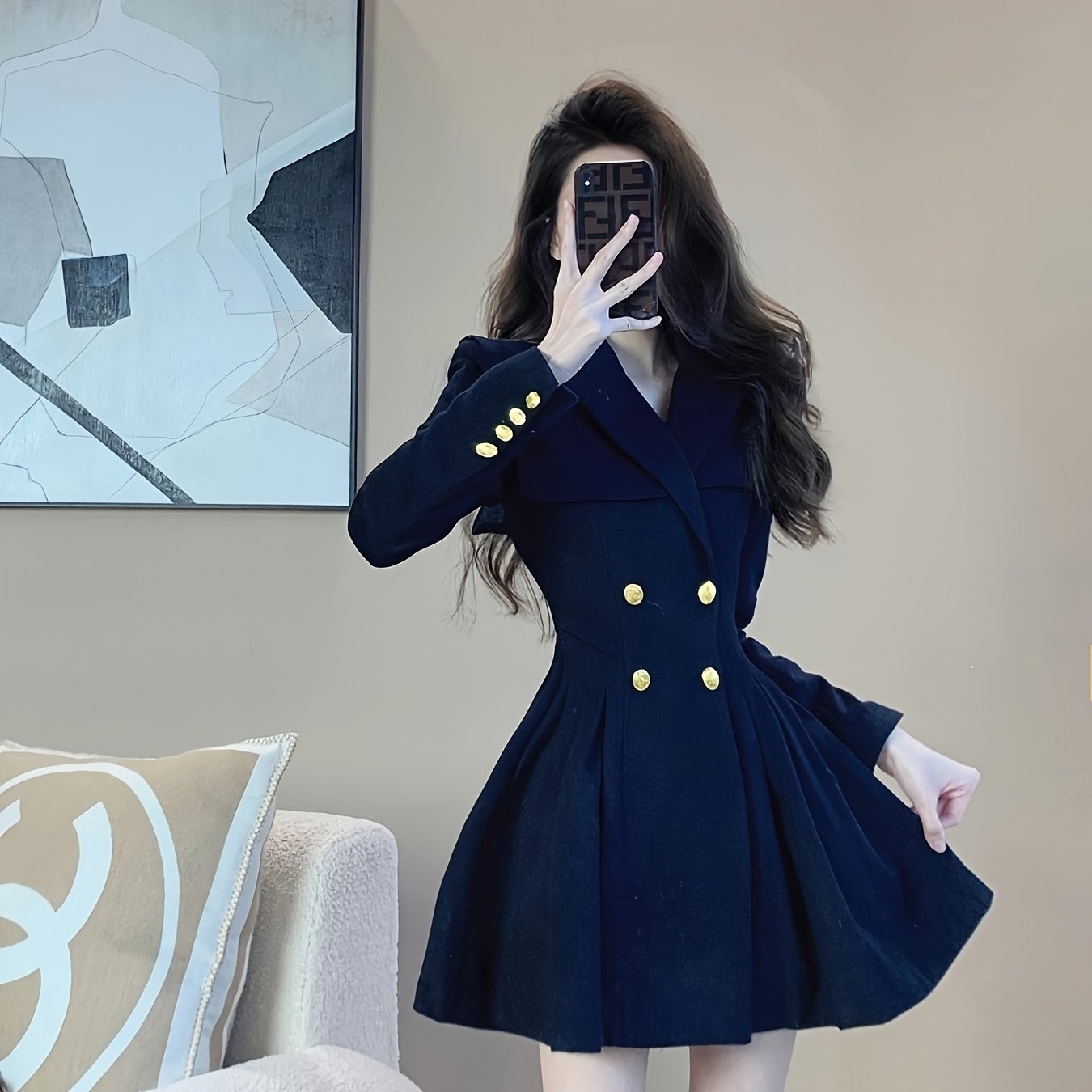 Elegant French-Inspired Navy Blue A-Line Dress for Women - Chic Waist-Cinching, Button-Up Blazer with Lapel Collar, Perfect for Spring\u002FFall, Office or Casual Wear, Office Attire | Frenchinspired Design | Tailored Fit