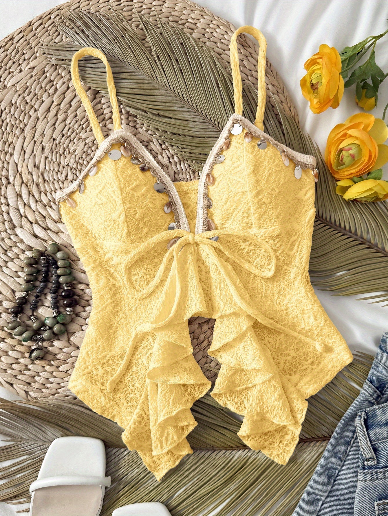 Lightweight Lace Tank Top Lightweight Stretchy Women's Adjustable Strap Off-Shoulder\u002FBoat Neck Lace Trim Tank Top | Polyester\u002FElastane Blend, Semi-Sheer Summer Casual Vacation Beachwear, Machine Washable