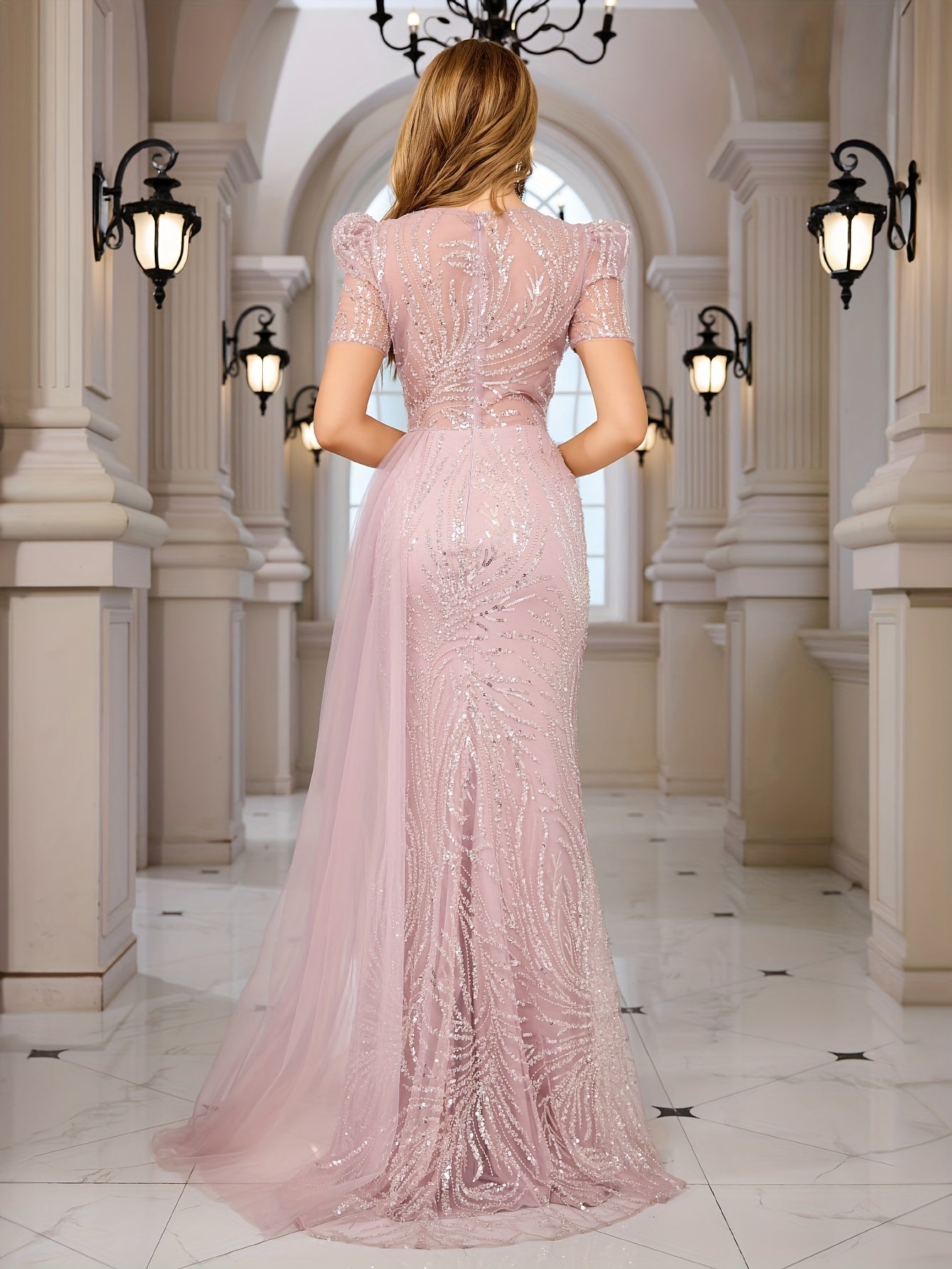 Pink Sequin Gown Sequin Elegant Pink Mermaid Evening Gown | 3D Floral Embellishments and Puff Sleeves - Bodycon Long Formal Dress for Women, Perfect for Parties and Special Occasions, Formal Event Attire