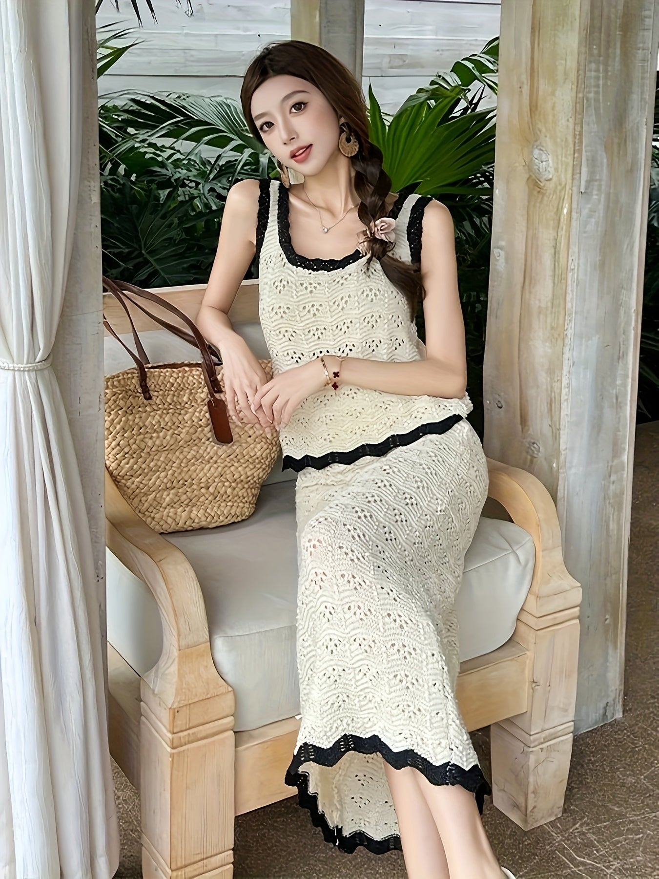 Summer New Vacation Gentle Style Hollow U-Neck Contrast Strap + Design Sensual Crochet High Waist Long Skirt Half-Body Skirt - Beautiful Temperament Set