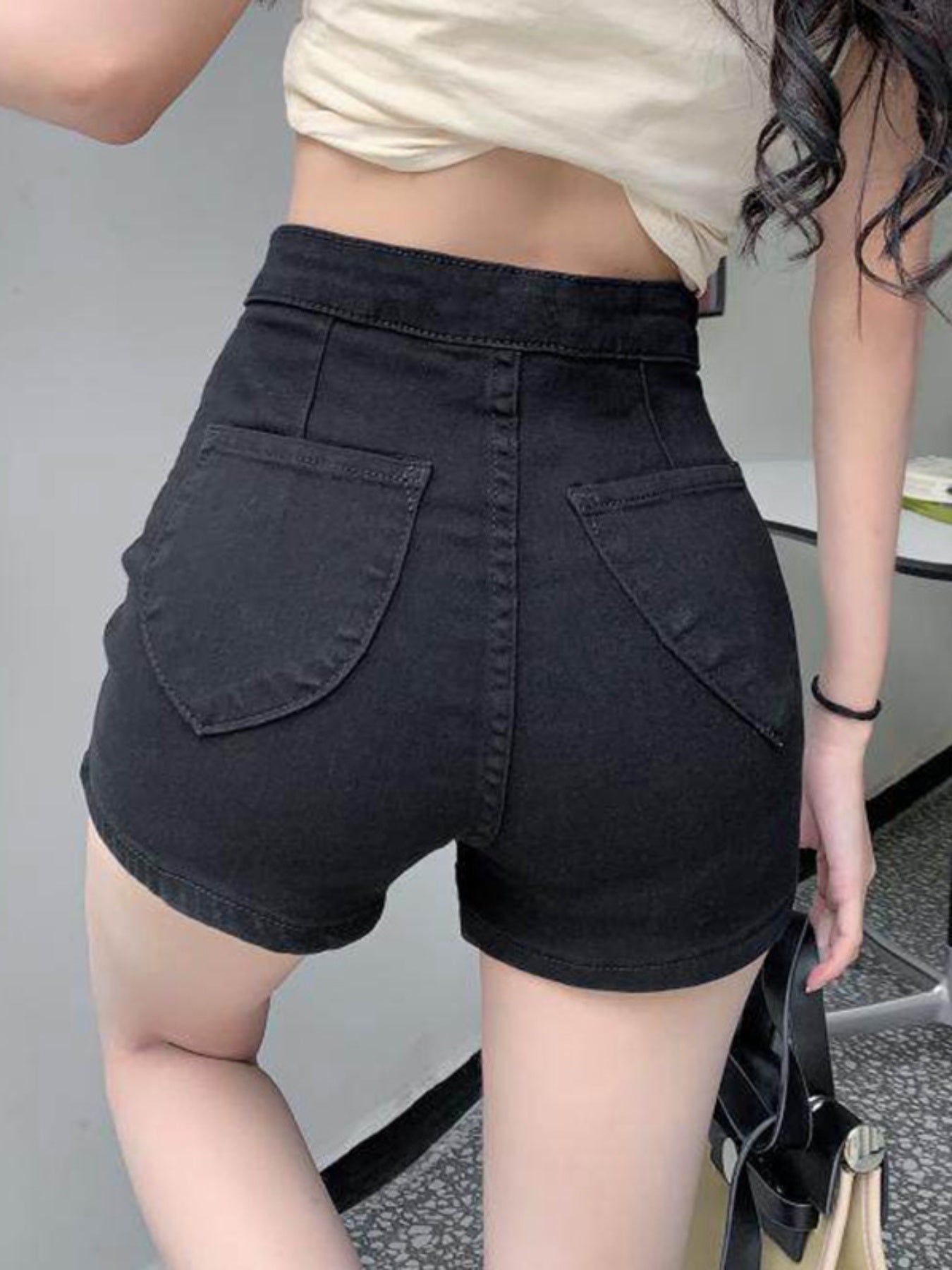 Women's Summer Denim Shorts - Slim Fit High Waist with Multiple Pockets, Solid Black Street Style Casual Shorts, Machine Washable & Dry Cleanable