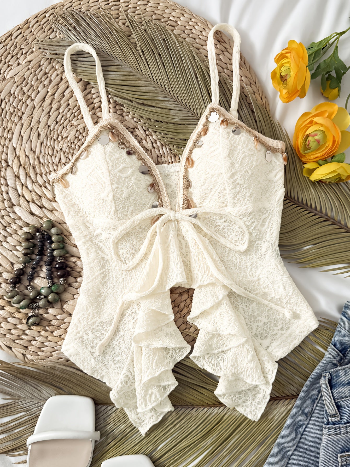 Lightweight Lace Tank Top Lightweight Stretchy Women's Adjustable Strap Off-Shoulder\u002FBoat Neck Lace Trim Tank Top | Polyester\u002FElastane Blend, Semi-Sheer Summer Casual Vacation Beachwear, Machine Washable