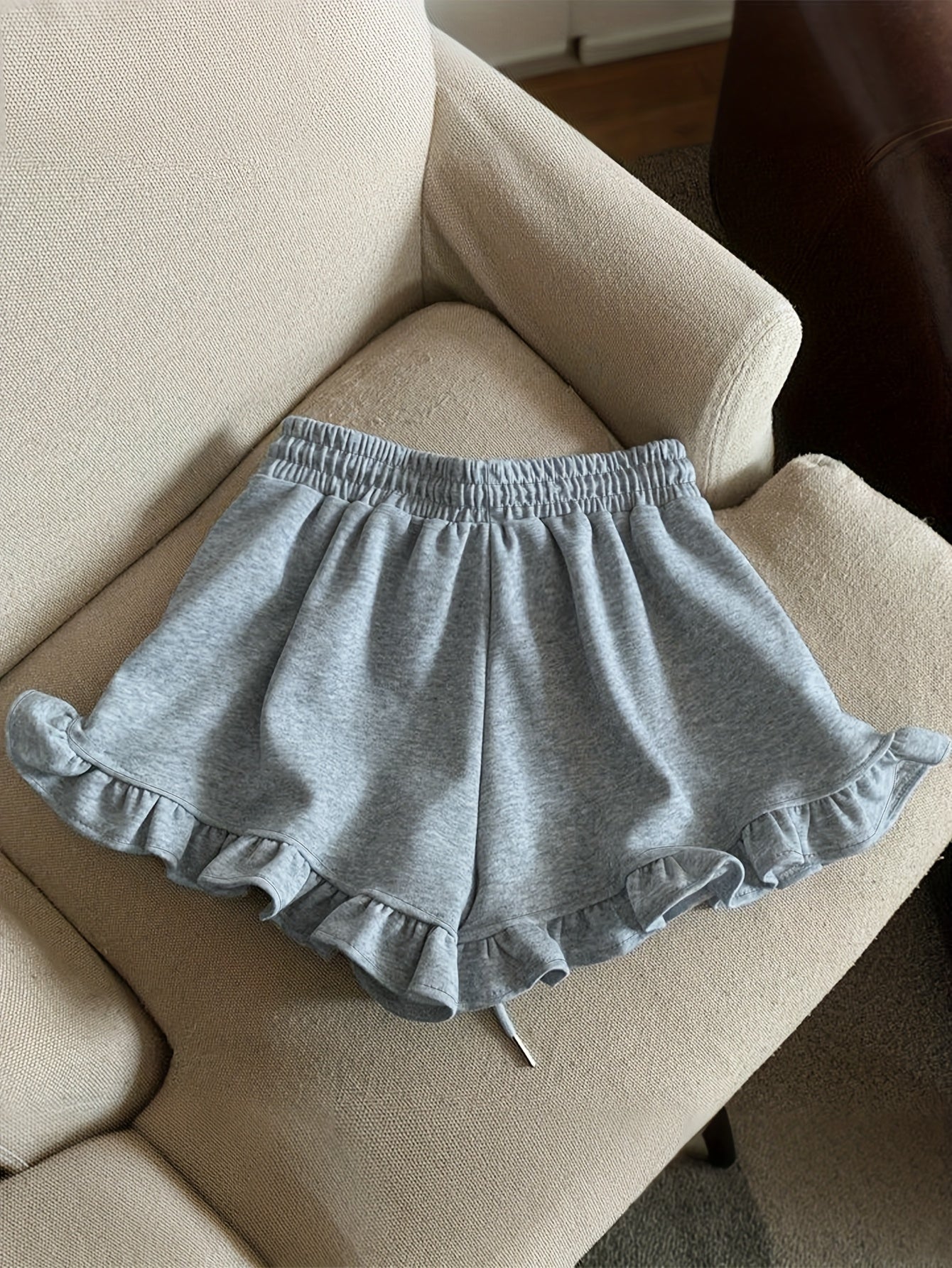 Casual Shorts Set 3pcs Women's Casual Shorts Set - Comfortable Elastic Waistband, Ruffled Hem & Drawstring Waist, Solid Color, All-Season Wear