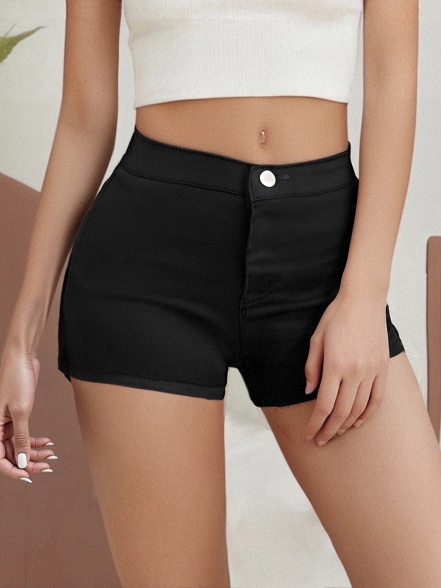 Women's Summer Denim Shorts - Slim Fit High Waist with Multiple Pockets, Solid Black Street Style Casual Shorts, Machine Washable & Dry Cleanable