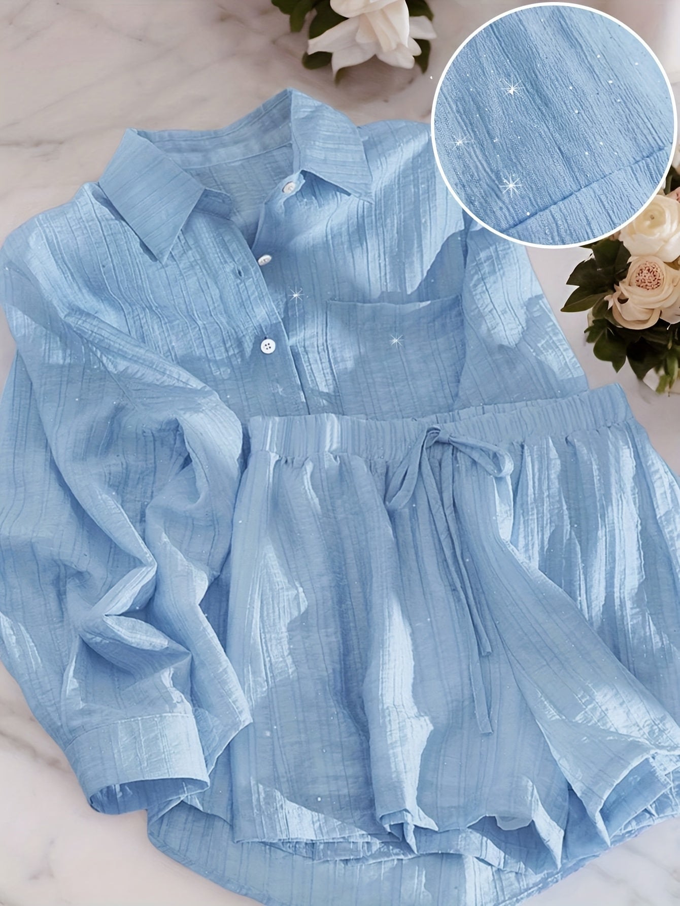Women'S Casual Light Blue Shirt and Shorts Set - Solid Color, Button-Up Blouse with Ruffled Hem, High-Waisted Shorts, Perfect for Spring\u002FFall, Casual Attire|Ruffled Hem Shirt|Polyester Fabric