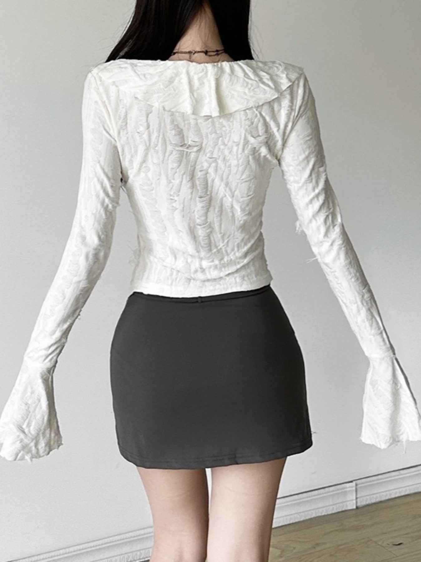 Cute Spice Slim Short T-Shirt, Women'S Solid Color Ruffled Fringe V-Neck Long Sleeve Slim Fashion T-Shirt