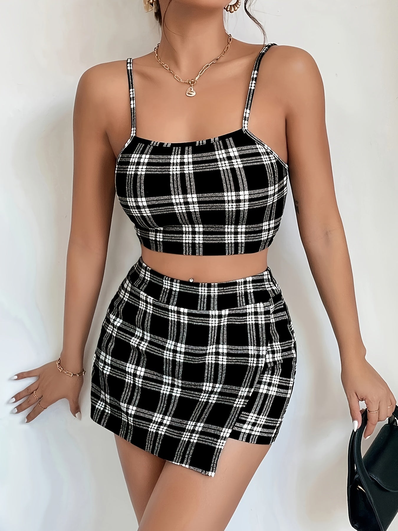 Two-Piece Women's Set European and American Cross-border Summer New Plaid Print Camisole + Skirt Pants Two-Piece Women's Set