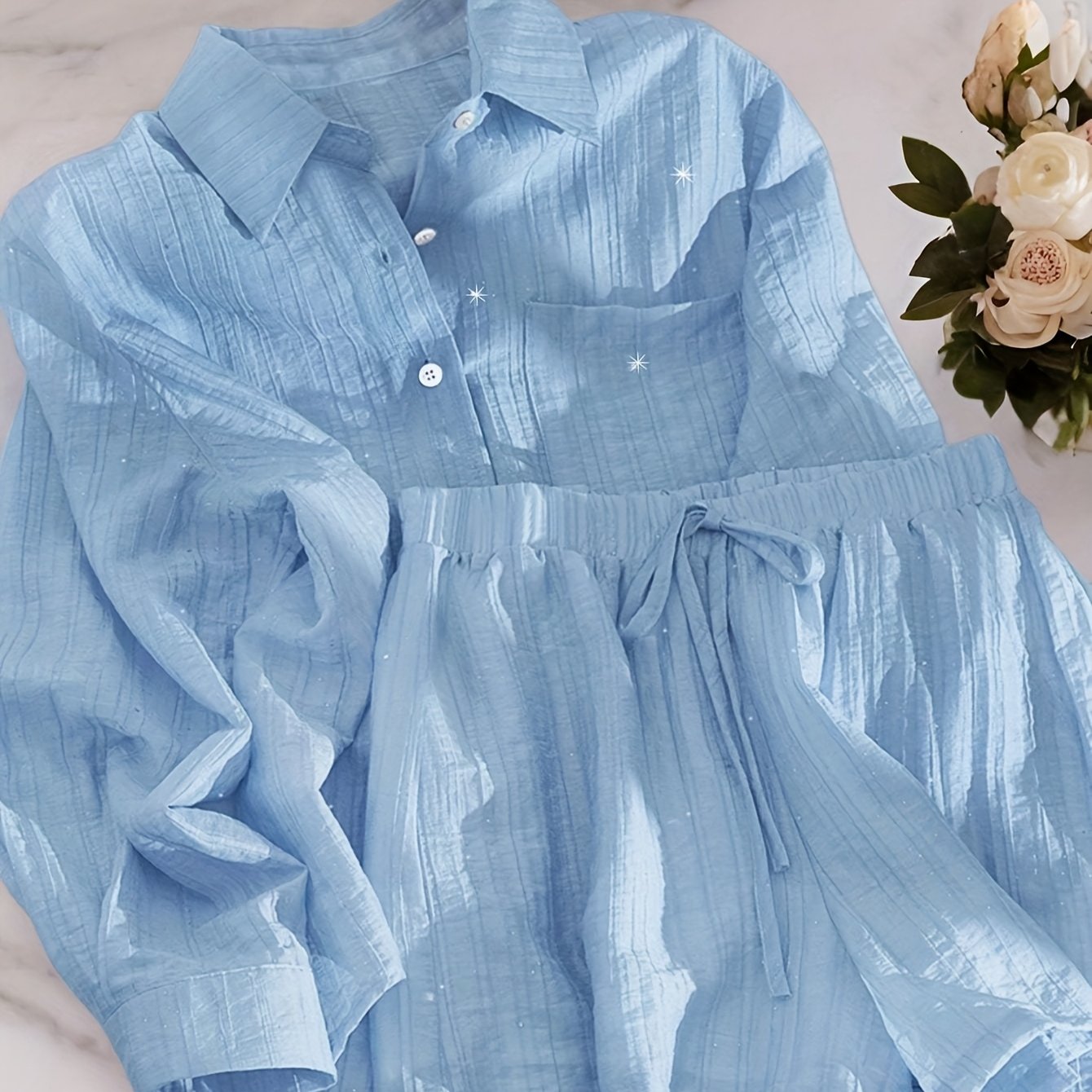 Women'S Casual Light Blue Shirt and Shorts Set - Solid Color, Button-Up Blouse with Ruffled Hem, High-Waisted Shorts, Perfect for Spring\u002FFall, Casual Attire|Ruffled Hem Shirt|Polyester Fabric