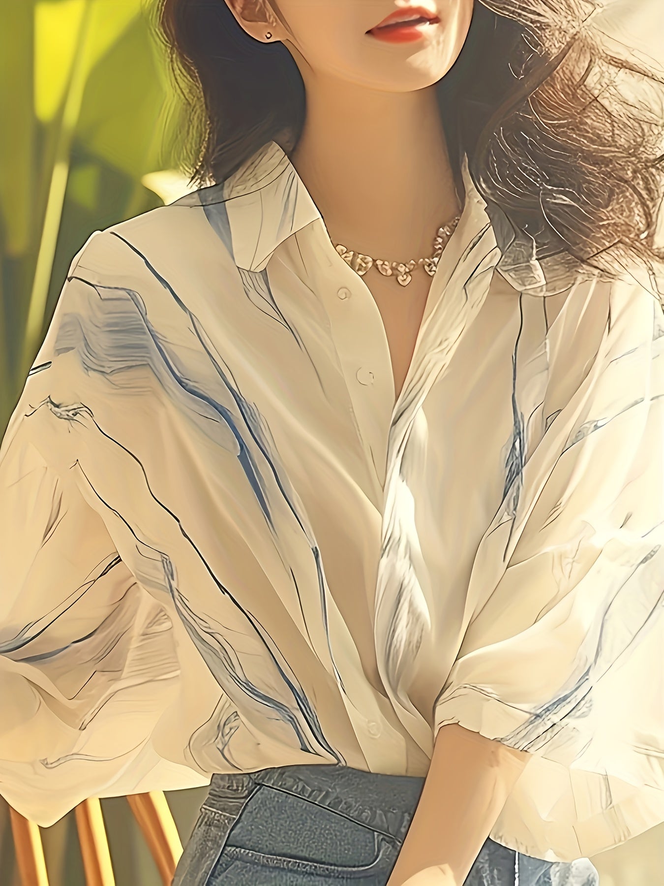 Elegant Women's Blue Marbled Stripe Blouse - Lightweight 3\u002F4 Sleeve Shirt with White Collar, Versatile Summer Top for Casual or Dressy Outfits, Outfit Versatile, Sophisticated Casual, Decorative Pearl Detail