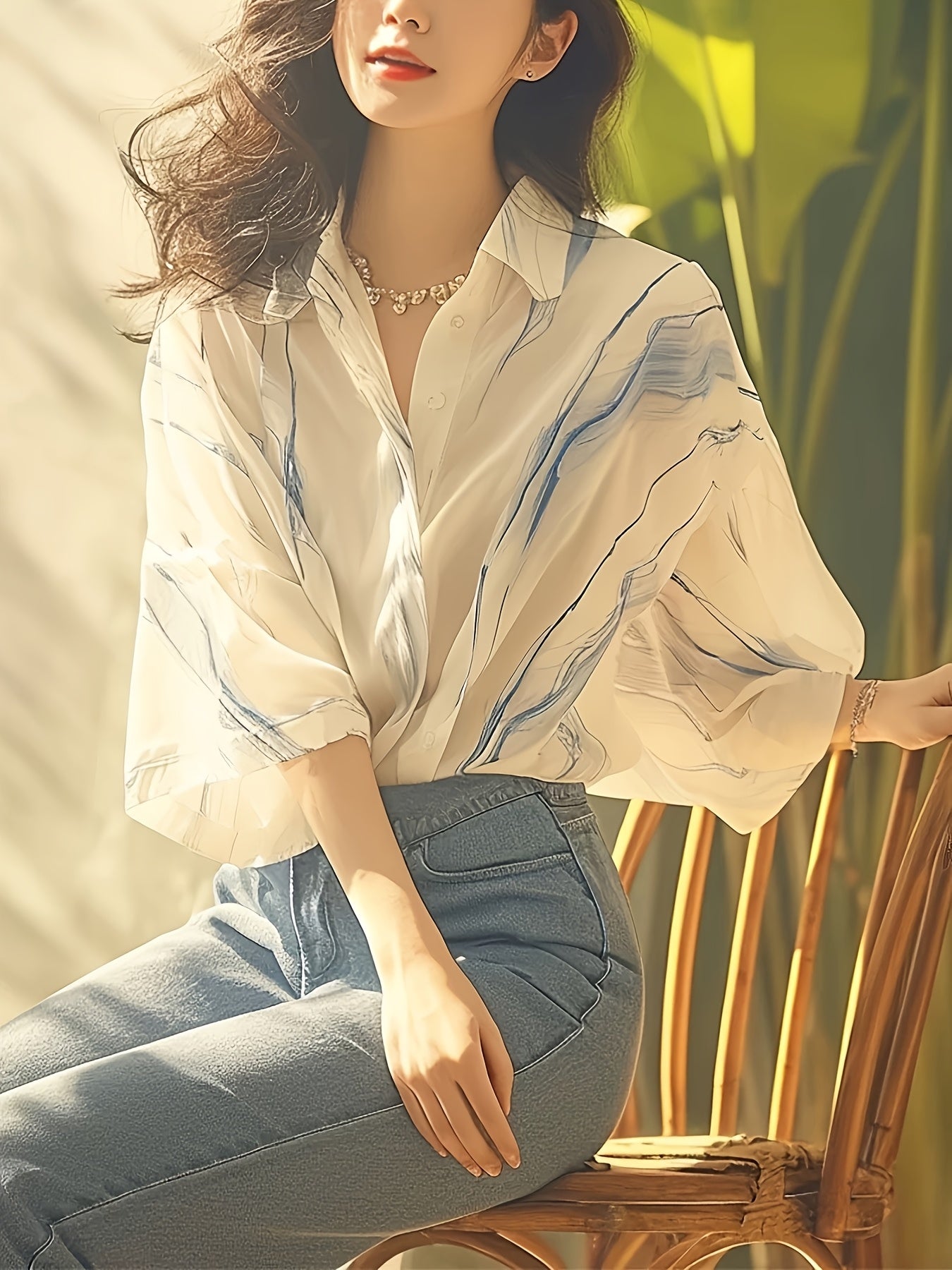 Elegant Women's Blue Marbled Stripe Blouse - Lightweight 3\u002F4 Sleeve Shirt with White Collar, Versatile Summer Top for Casual or Dressy Outfits, Outfit Versatile, Sophisticated Casual, Decorative Pearl Detail