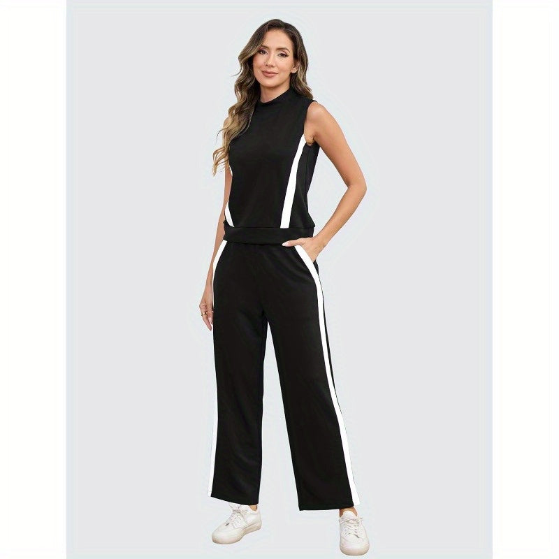 Aokivvy Women'S Summer Two-Piece Sets, Featuring Lounge Outfits with Mock Neck And Wide Leg Pants in Striped Casual Tracksuit Style