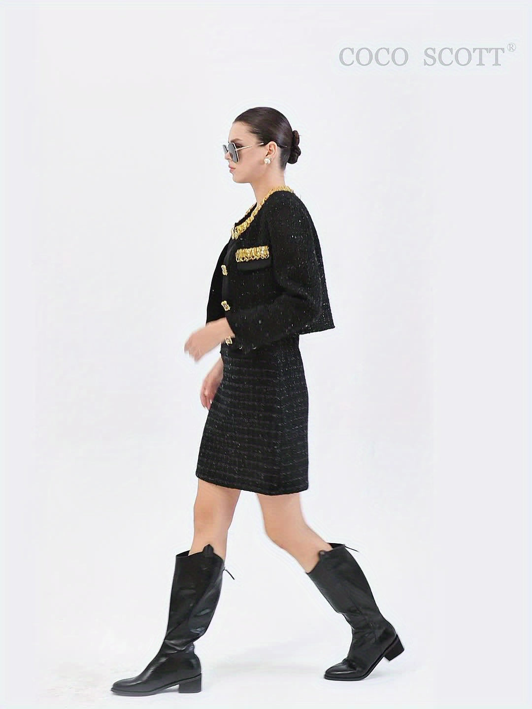 Elegant Black Sequin Two-Piece Set with Golden Accents - Sleeveless Mini Dress & Cropped Jacket, Rhinestone Embellishments, Perfect for Fall\u002FWinter Parties, Winter Party Attire|Sequin Embellished|Rhinestone Details