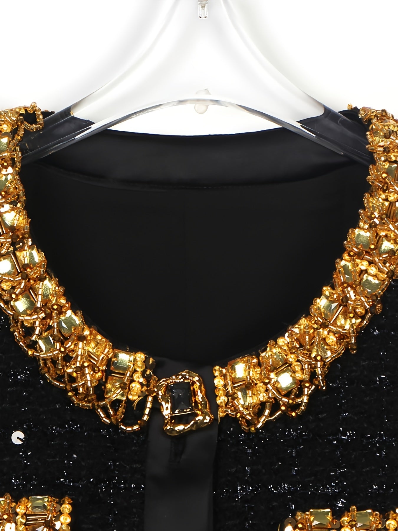 Elegant Black Sequin Two-Piece Set with Golden Accents - Sleeveless Mini Dress & Cropped Jacket, Rhinestone Embellishments, Perfect for Fall\u002FWinter Parties, Winter Party Attire|Sequin Embellished|Rhinestone Details