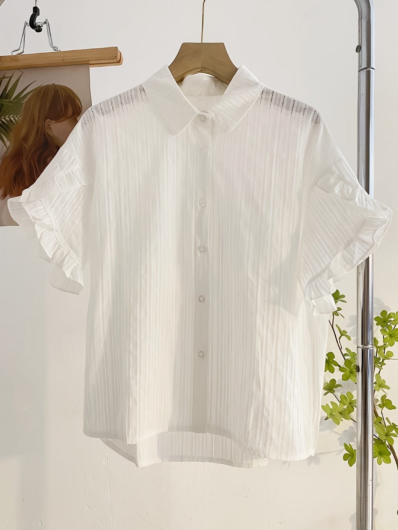 Women's White Collar Bell Sleeve Blouse - Elegant Summer Top with Button-Up Front, Loose Fit & Flared Sleeves for a Chic, Age-Reducing Look, Ladies Blouses