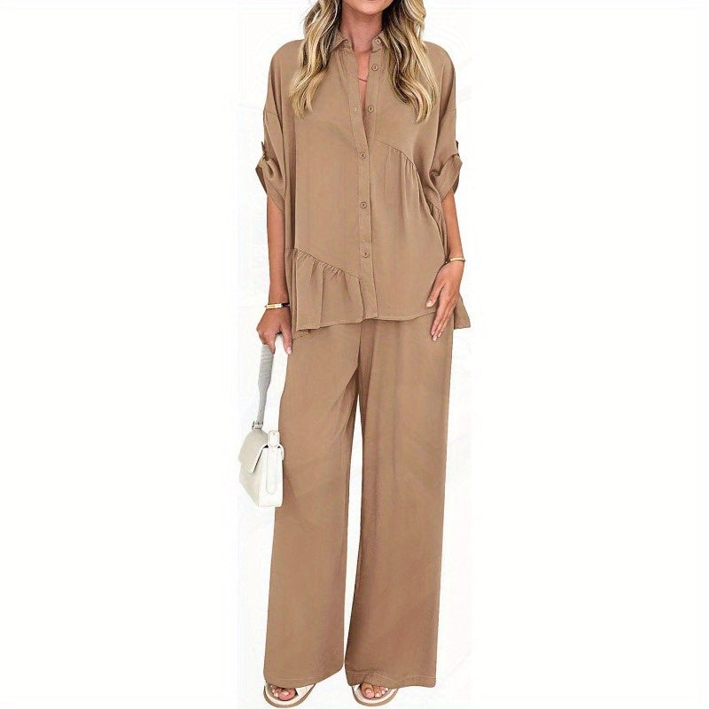 KIRUNDO Two Piece Sets for Women Summer Outfits 2025 Dressy Casual Half Sleeve Button Down Shirt Wide Leg Pants Lounge Set