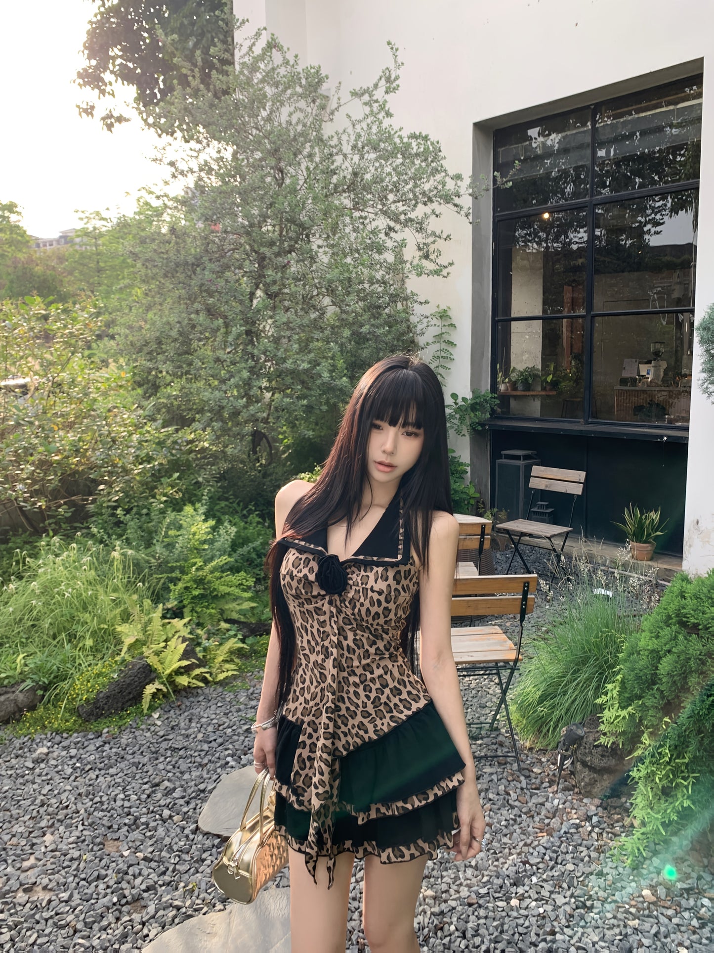 Sexy Leopard Print Pure Desire Halter Top Half Skirt Set for Women, Summer Outfit
