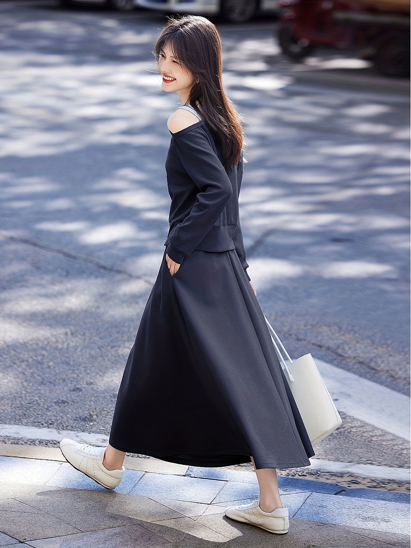 Chic Off-Shoulder Ribbed Top & Pleated Midi Skirt Set - Casual Two-Piece, Loose Fit, Long Sleeve, Solid Color, Spring\u002FFall Women'S Outfit, Casual Attire|Asymmetrical Neckline| Construction, Off Shoulder Top