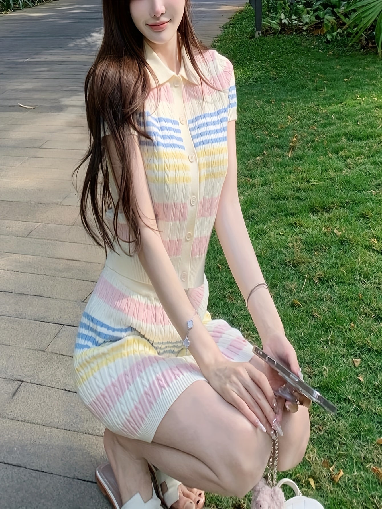 Sweet Fashion Color Striped Set, Short Sleeve Midi Skirt Two-Piece with Collar Design, Summer Women's