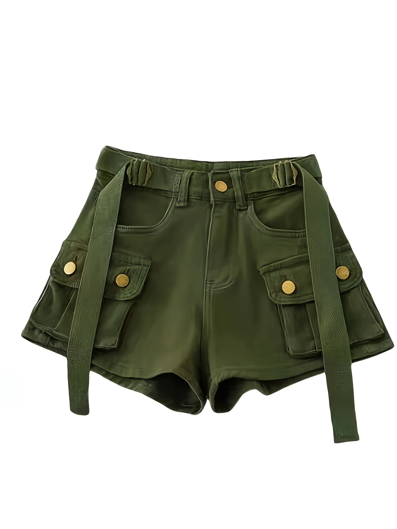 Women's High-Waisted Stretch Slim-Fit Casual Cargo Shorts - Olive Green Retro American Style with Pockets & Built-In Zipper, Machine Washable Summer Shorts for Spring\u002FSummer