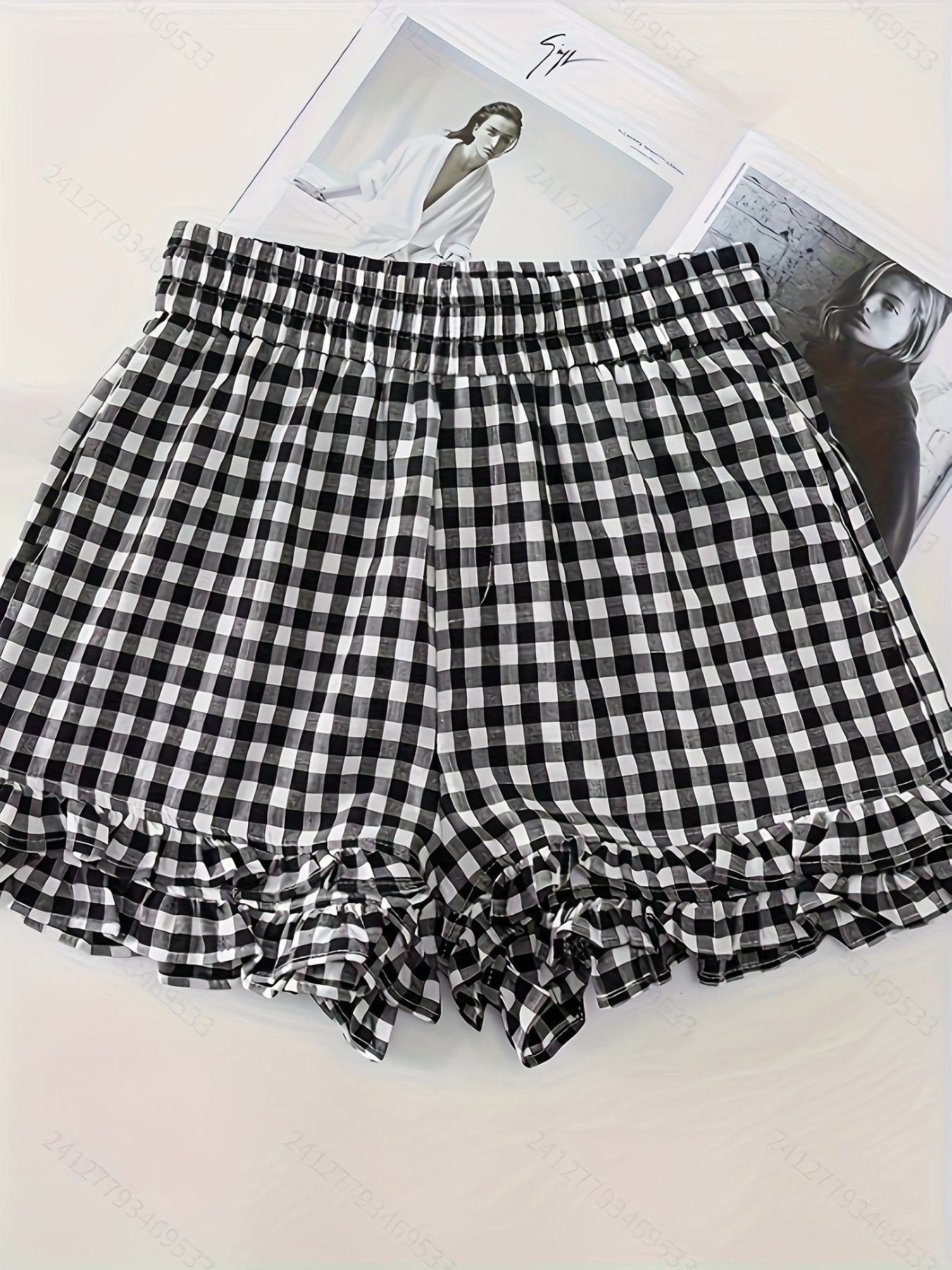 KP 425 Retro Plaid Ruffle Shorts for Women - Y2K Style Wide-Leg Summer Shorts with Checkered Pattern, Black & White, Loose Fit, Casual Outdoor Wear, Casual Summer Wear | Y2K Fashion Shorts | Glossy Fabric Shorts