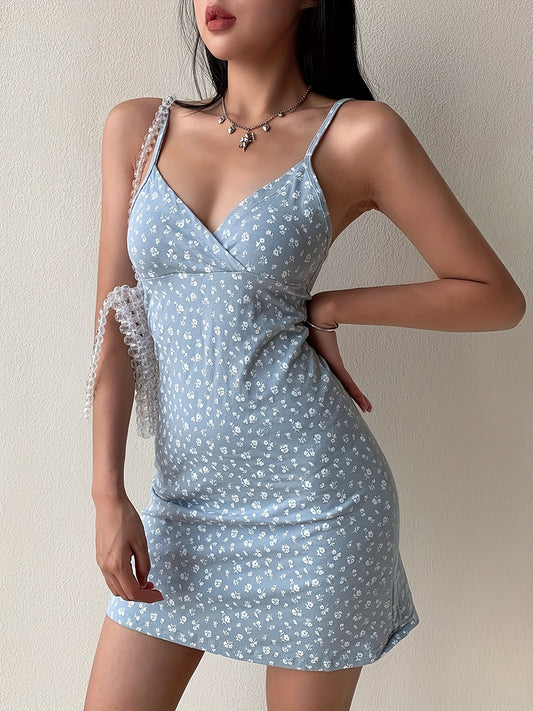 Women's Vintage-Inspired V-Neck Spaghetti Suspender Dress - Lightweight Blue & White Floral Print, Chest Ruching, Hand Wash Only, All-Season Casual to Evening Wear, Summer Fashion, Delicate Detailing